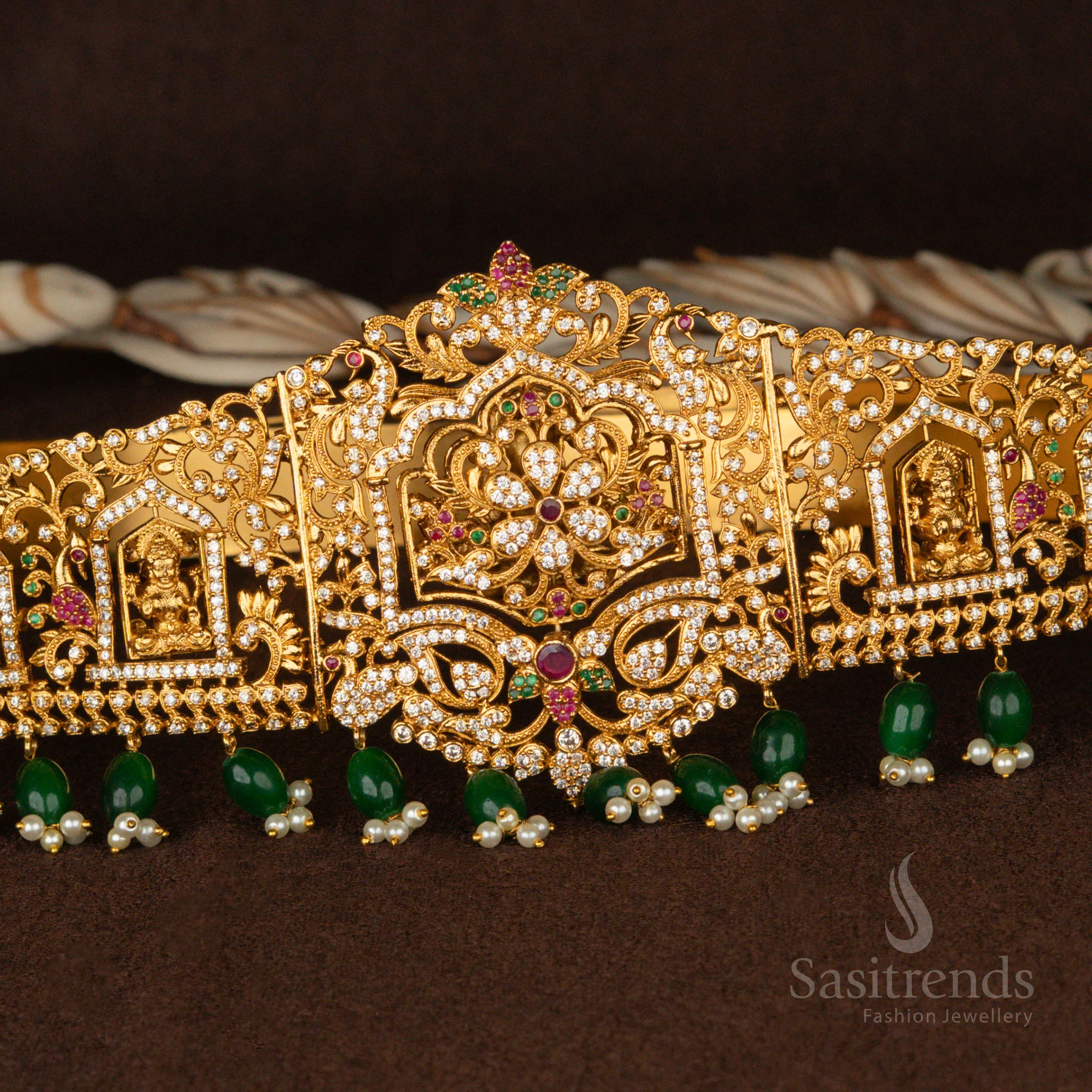 Traditional Matte Gold Dual Design Gold Vaddanam with Lakshmi Motifs Hipbelt – Temple Jewellery with Green Beads- - Image 2