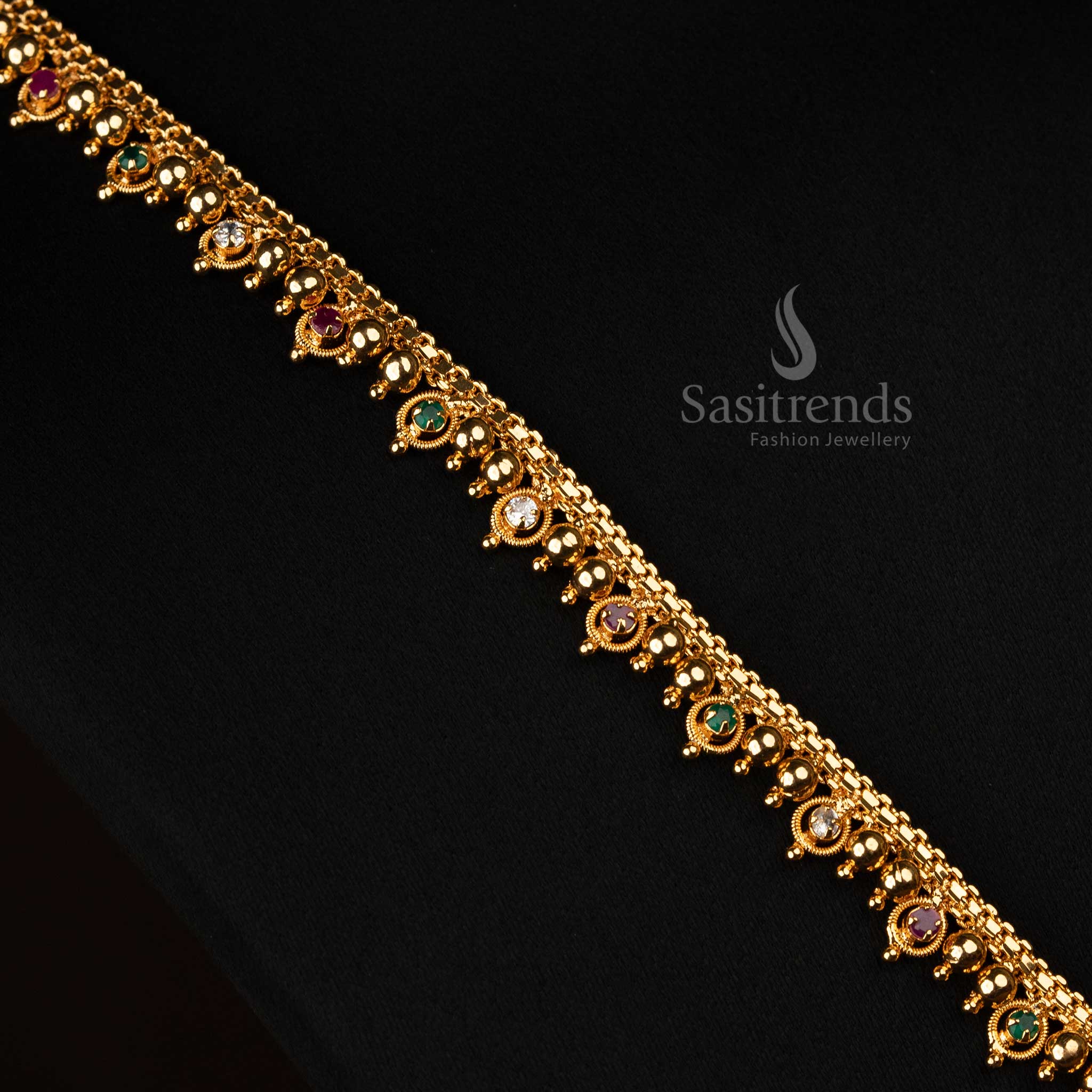 Regal South Indian Micro Gold Plated Long Necklace with Multi  Stone Pendant- Sasitrends - Image 3