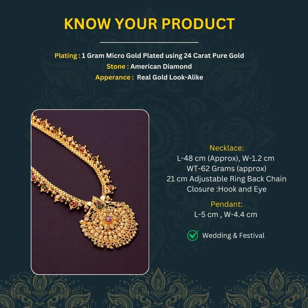 Regal South Indian Micro Gold Plated Long Necklace with Multi  Stone Pendant- Sasitrends - Image 5