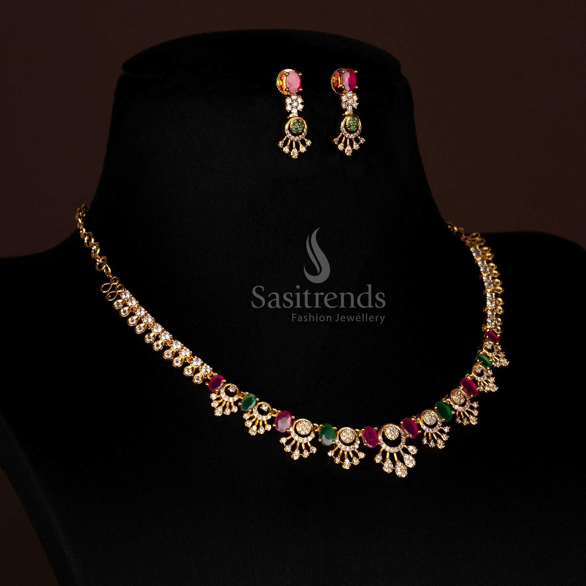 Grand American Diamond Micro Gold Plated Oval-faceted Gem Floral Teardrop Necklace Jewellery Set - Sasitrends