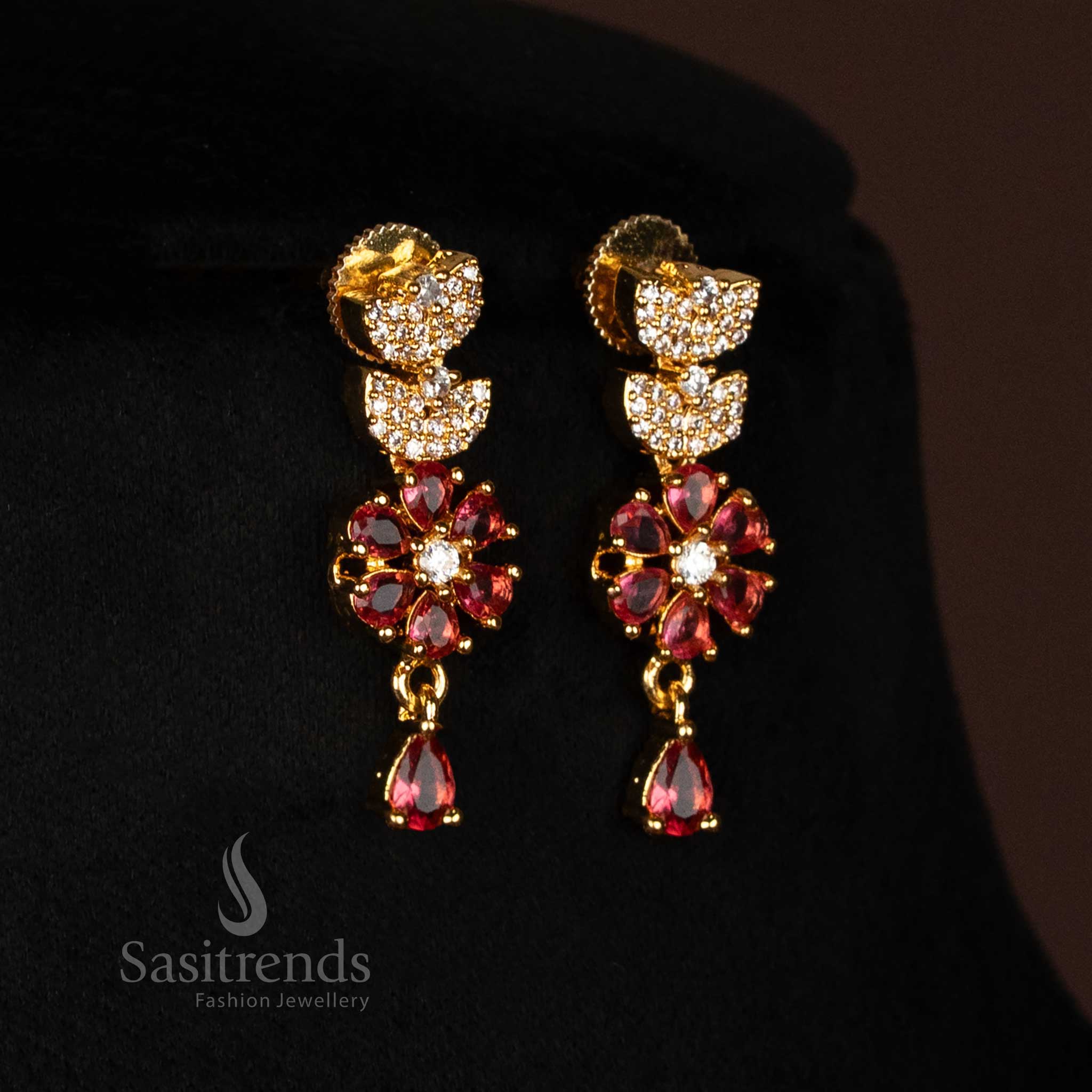 Elegant Floral & Leaf American Diamond Micro Gold Plated Necklace Jewellery Set - Looks Like Real Gold  - Sasitrends - Image 2