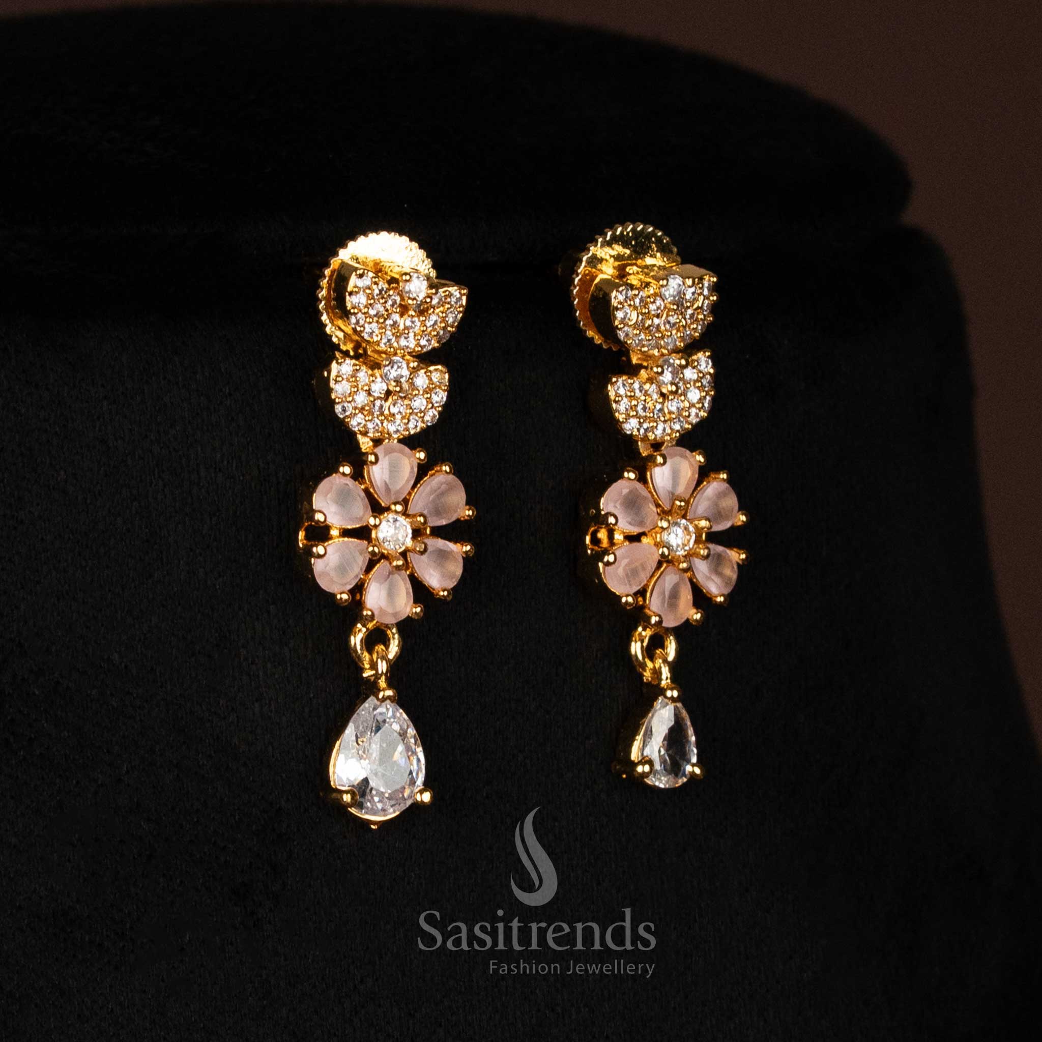 Elegant Floral & Leaf American Diamond Micro Gold Plated Necklace Jewellery Set - Looks Like Real Gold  - Sasitrends - Image 6