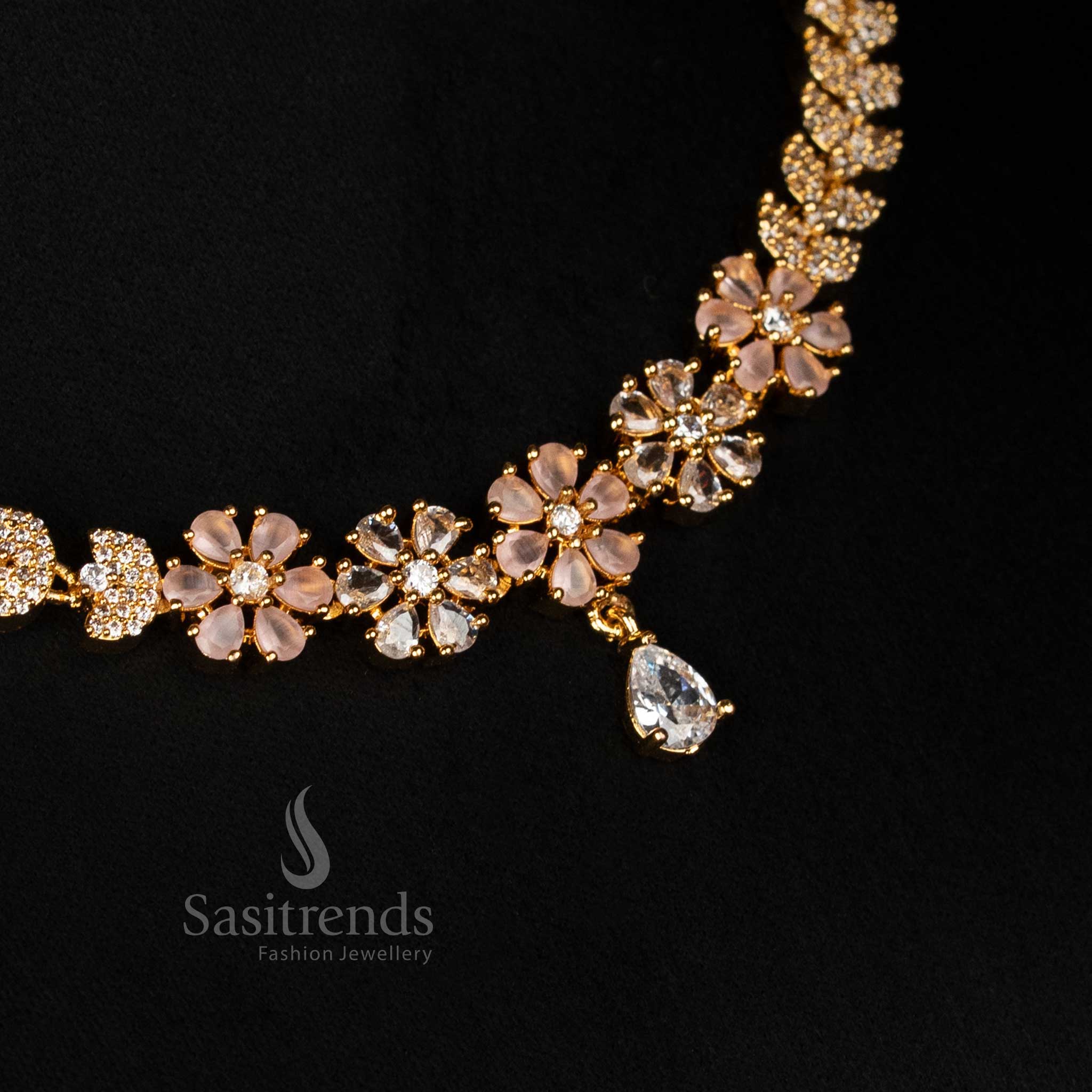 Elegant Floral & Leaf American Diamond Micro Gold Plated Necklace Jewellery Set - Looks Like Real Gold  - Sasitrends - Image 8