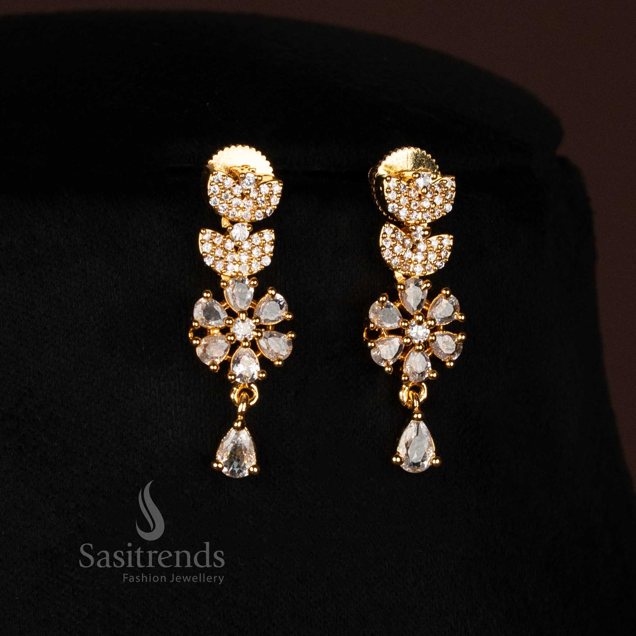 Elegant Floral & Leaf American Diamond Micro Gold Plated Necklace Jewellery Set - Looks Like Real Gold  - Sasitrends - Image 9