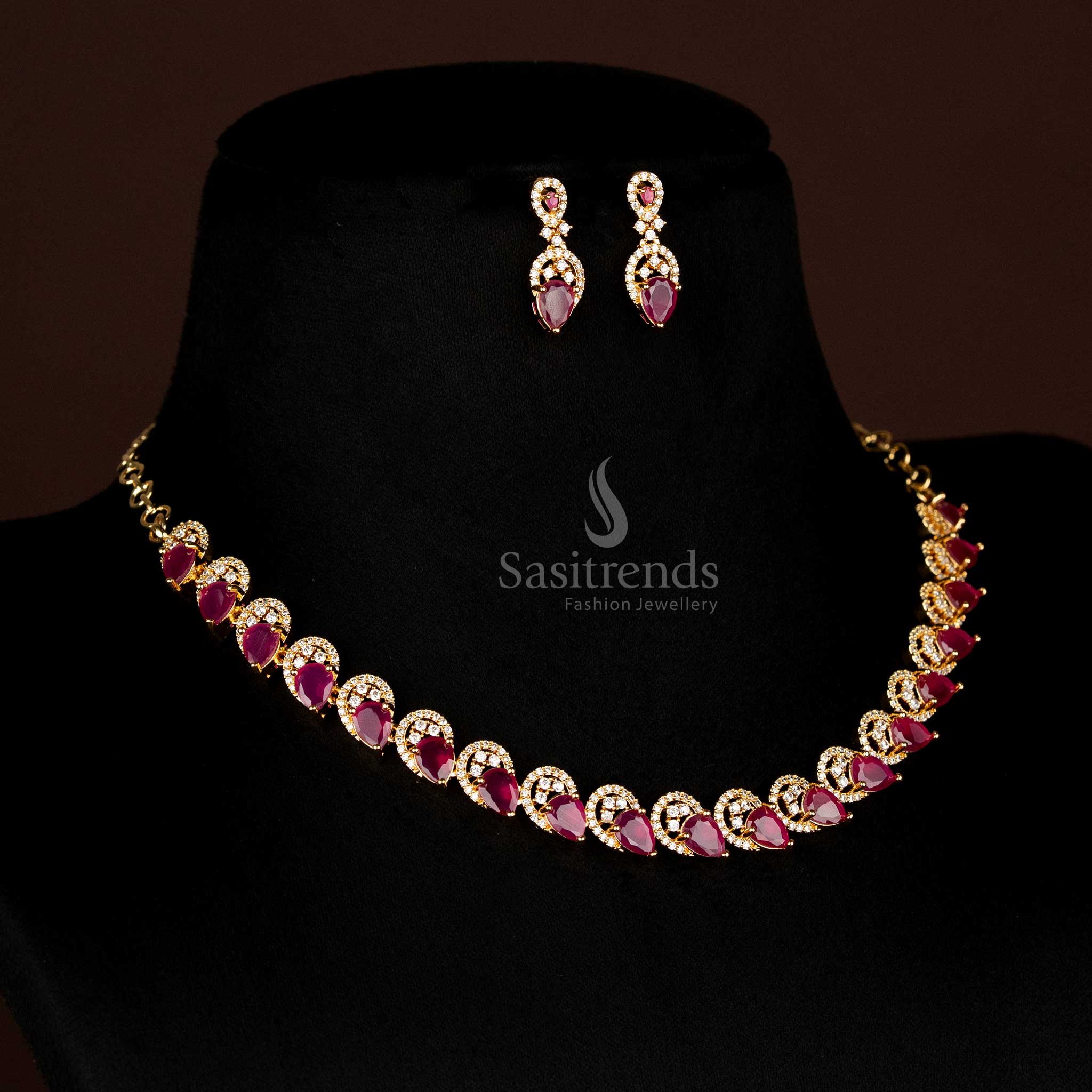 Stunning Grand American Diamond Micro Gold Plated Alternating Teardrop Necklace jewellery Set - Party Wear - Sasitrends - Image 12