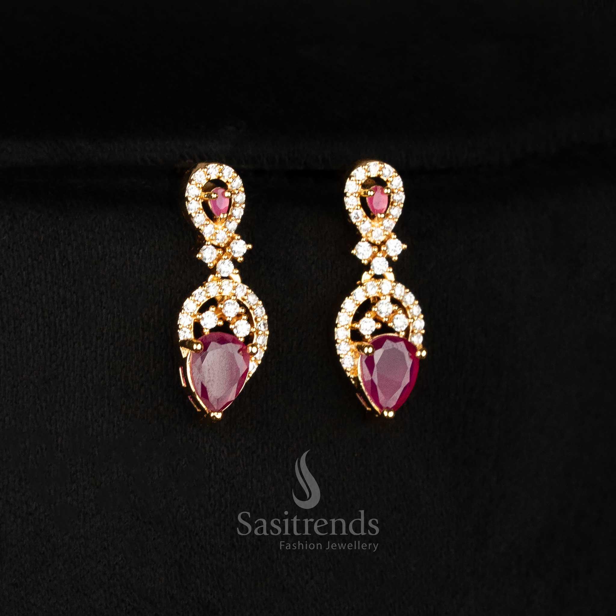 Stunning Grand American Diamond Micro Gold Plated Alternating Teardrop Necklace jewellery Set - Party Wear - Sasitrends - Image 5
