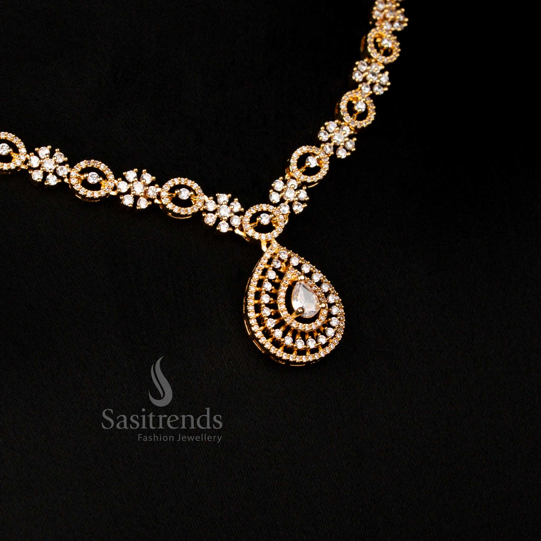 Dazzling American Diamond Rhodium and Gold Plated Teardrop Necklace Jewellery Set - Party Wear - Sasitrends - Image 18