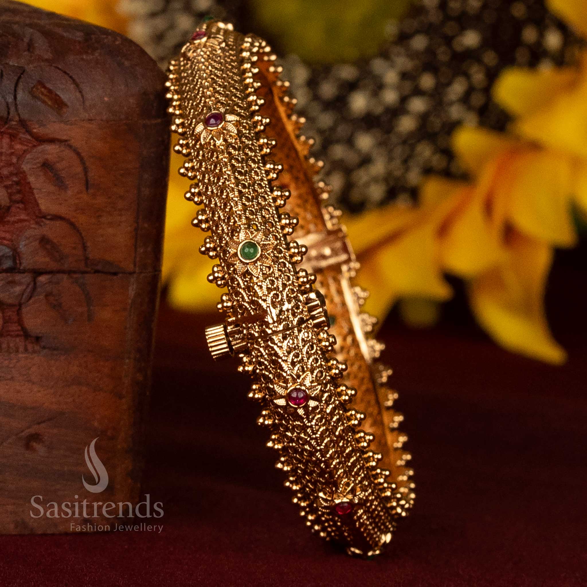 Ornate Design Premium Matte Gold Plated Bridal Temple Kada Bangle - Screw Type  - Sasitrends - Image 2