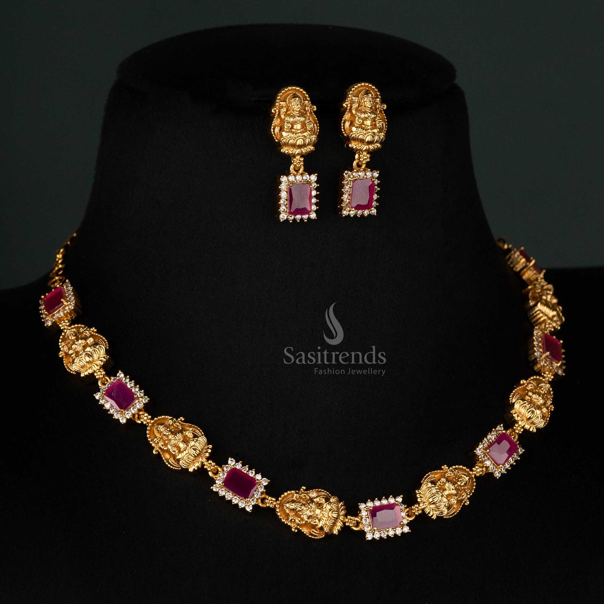Premium Matte Gold-Plated Temple Necklace Jewellery Set with Lakshmi Motif, AD Stones, and Multi-Colored Gem Accents - Sasitrends - Image 10