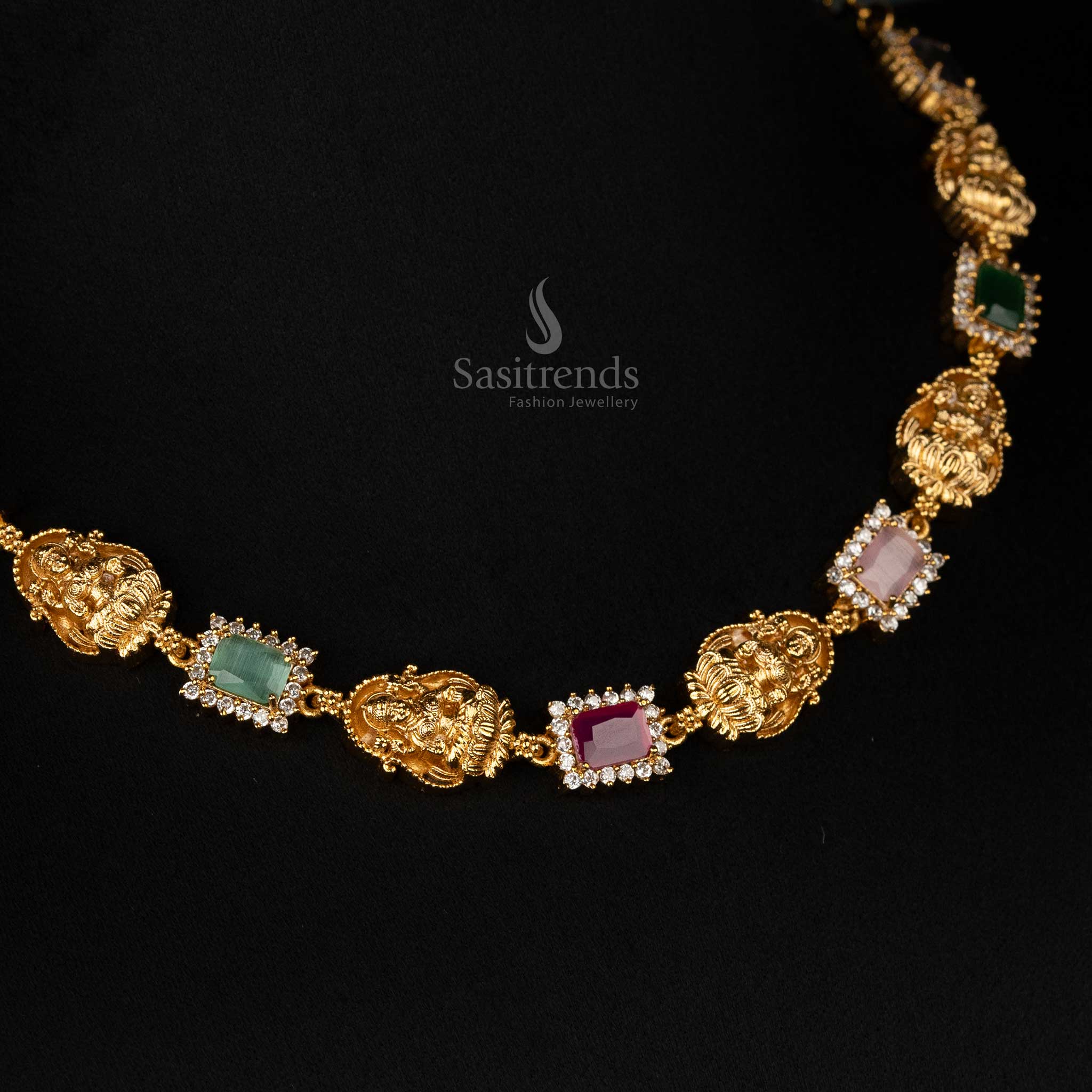 Premium Matte Gold-Plated Temple Necklace Jewellery Set with Lakshmi Motif, AD Stones, and Multi-Colored Gem Accents - Sasitrends - Image 12
