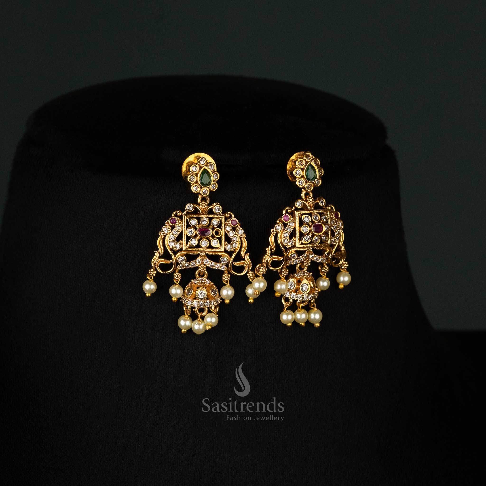 Premium Matte Gold-Plated Temple Necklace Jewellery Set with Peacock Motif, American Diamond Stones, and Pearl Drops- Sasitrends - Image 4