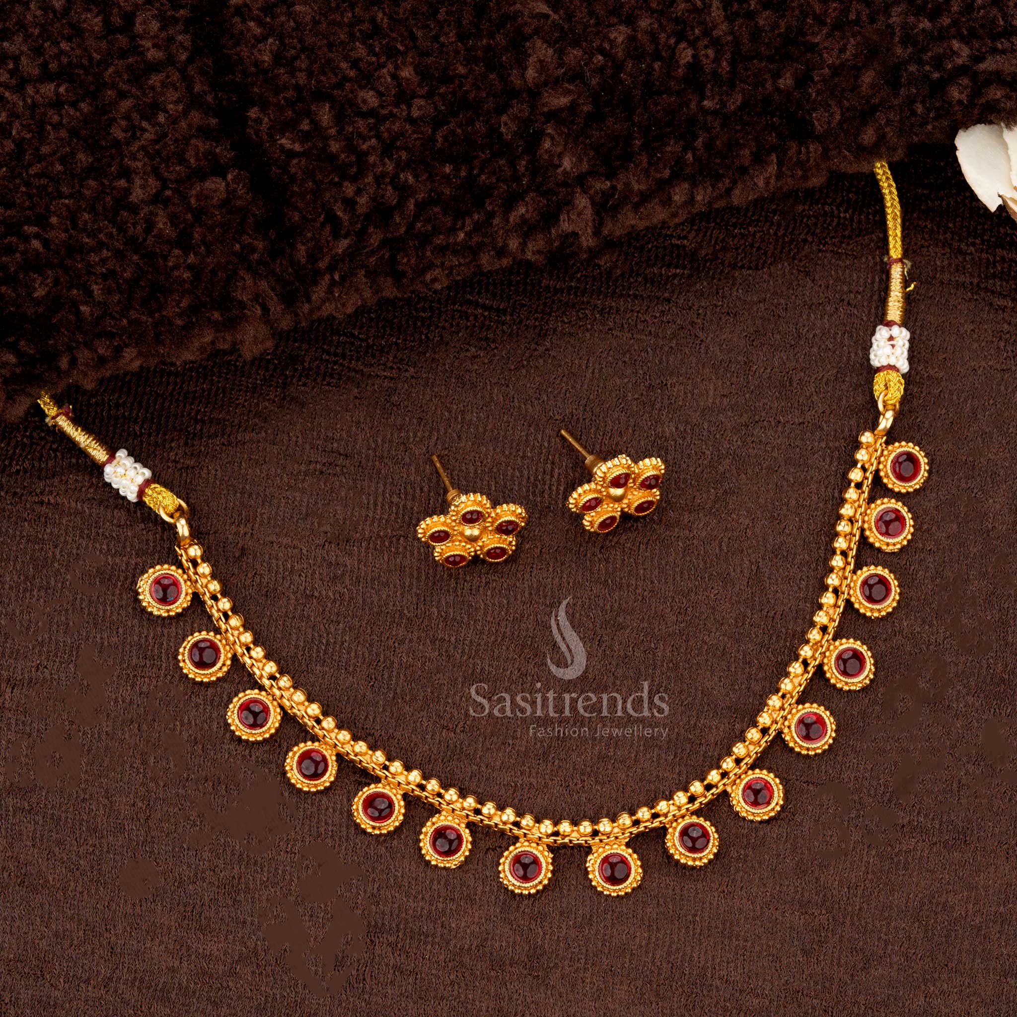 Exquisite Classic Temple Matte Gold-Plated Beaded Necklace Jewellery Set with Elegant Detailing - Sasitrends - Image 4