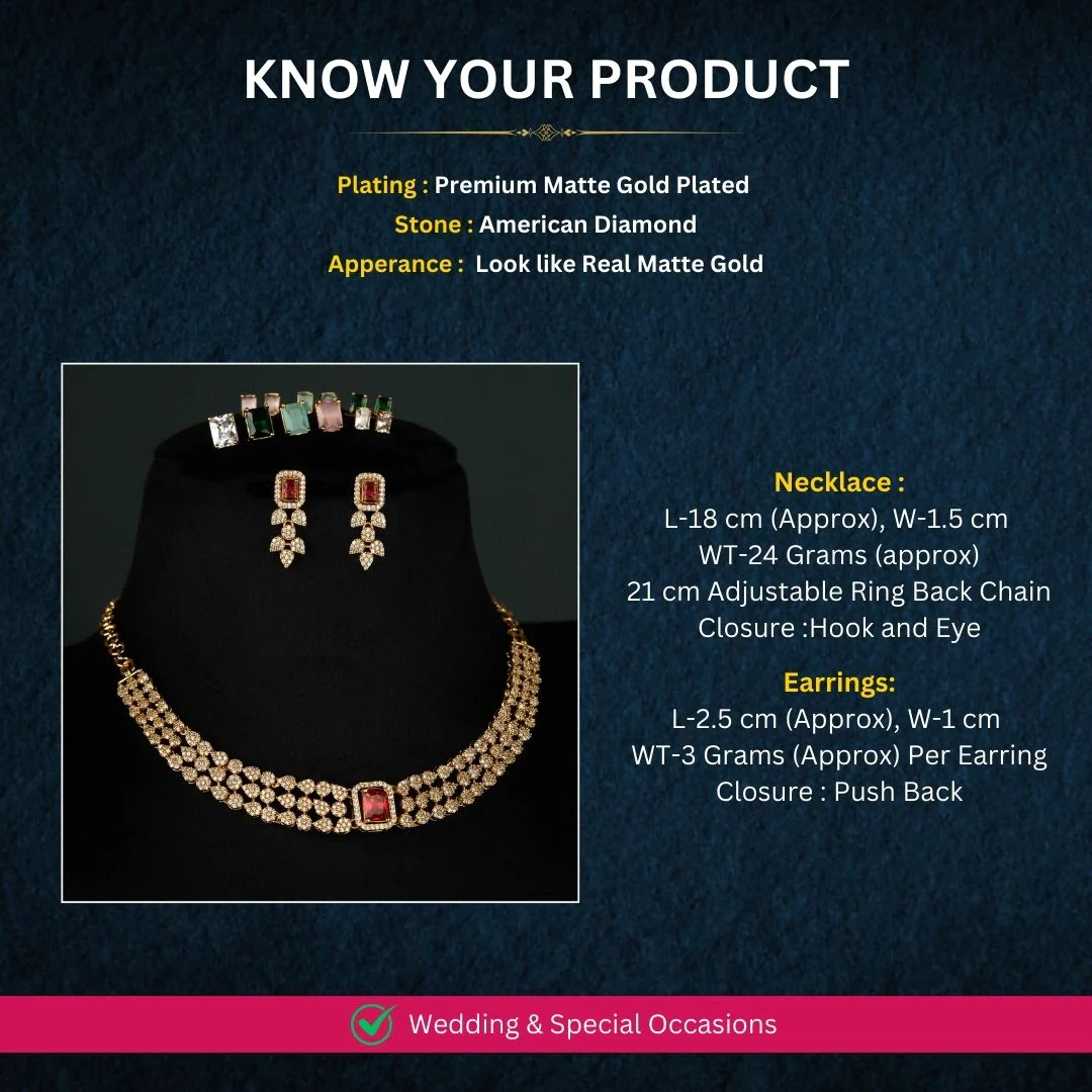 Eye Catching Three interconnected layers of shimmering American Diamond Matte Gold-Plated Choker Necklace Jewellery Set with Changeable Stones - Sasitrends - Image 4