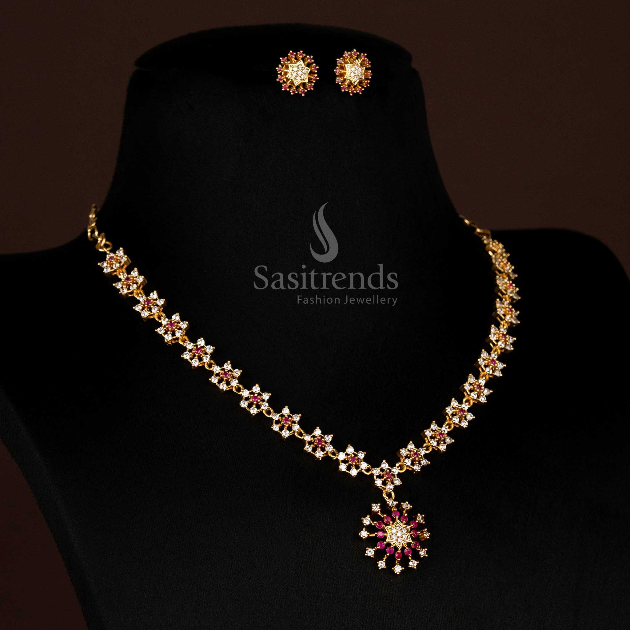 Dazzling American Diamond Micro Gold Plated Star Pattern Floral Necklace Jewellery Set - Looks Like Real Gold - Sasitrends - Image 5