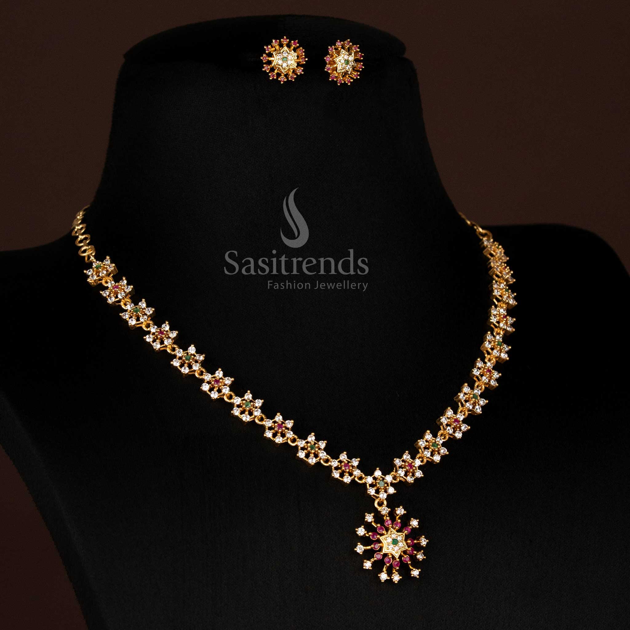 Dazzling American Diamond Micro Gold Plated Star Pattern Floral Necklace Jewellery Set - Looks Like Real Gold - Sasitrends - Image 8