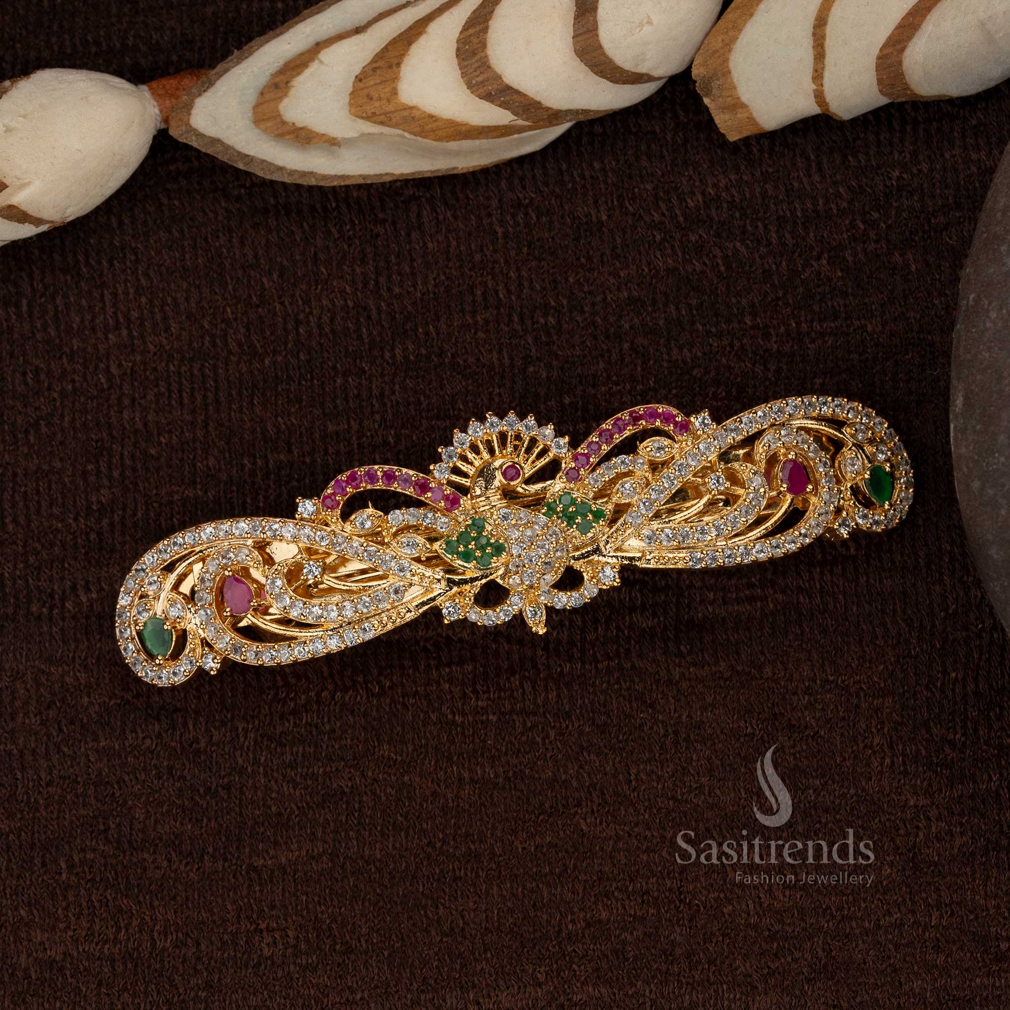 Attractive American Diamond Gold Plated Peacock Design Hair Clip with White Ruby Stones - Sasitrends - Image 3