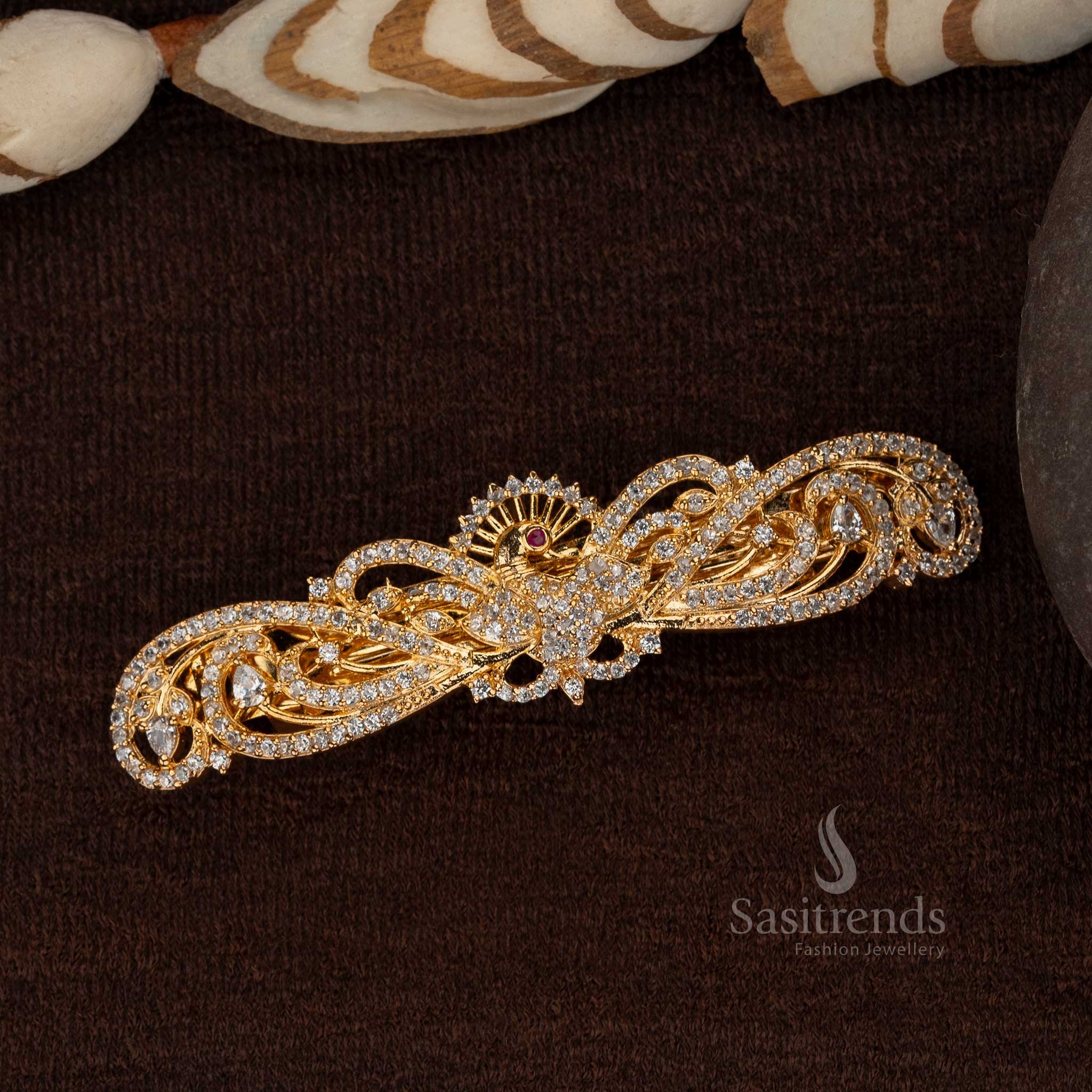 Attractive American Diamond Gold Plated Peacock Design Hair Clip with White Ruby Stones - Sasitrends - Image 4