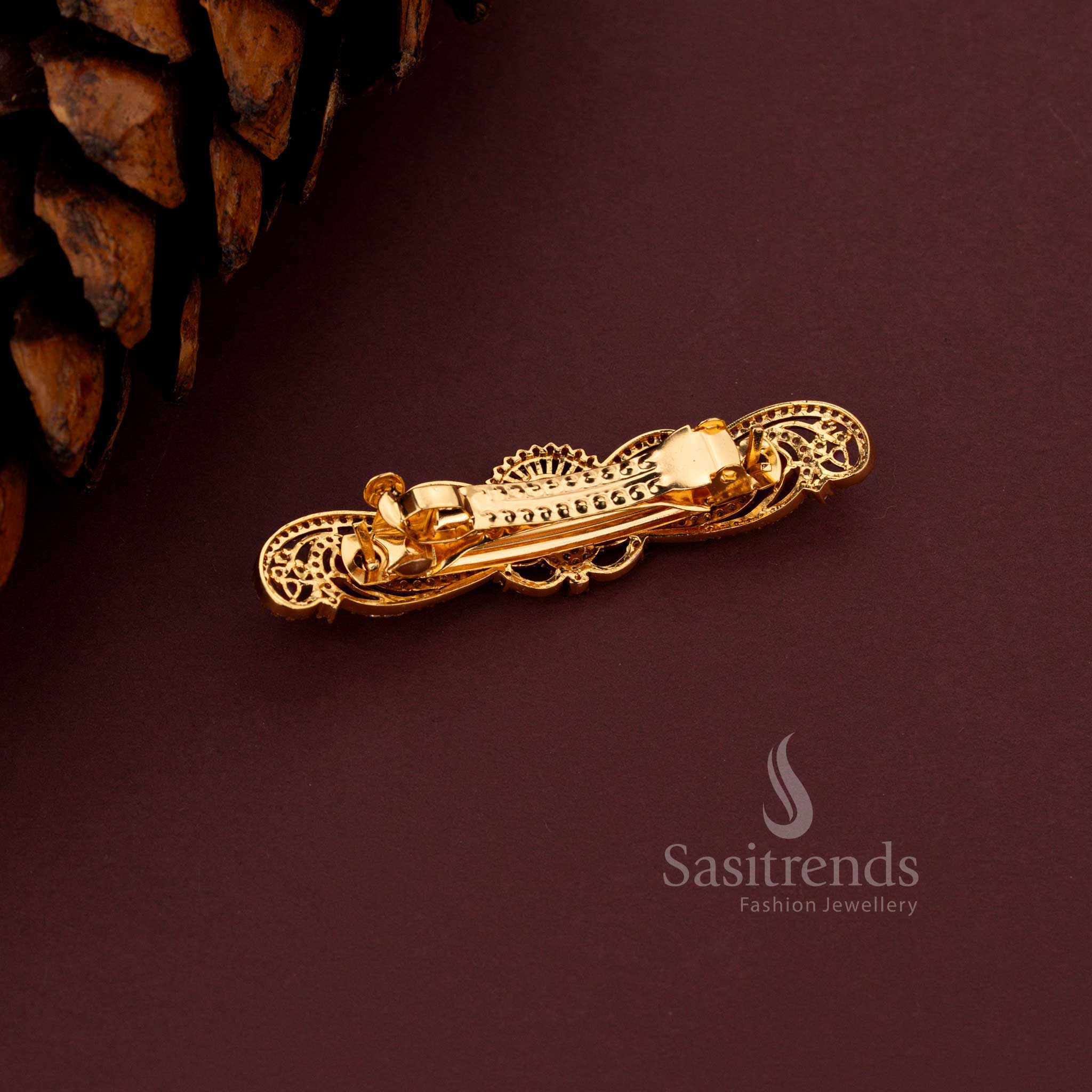 Attractive American Diamond Gold Plated Peacock Design Hair Clip with White Ruby Stones - Sasitrends - Image 5