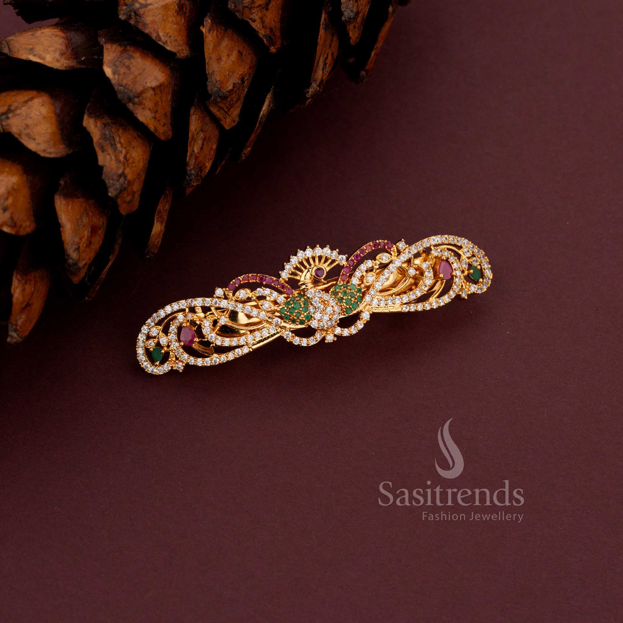 Attractive American Diamond Gold Plated Peacock Design Hair Clip with White Ruby Stones - Sasitrends - Image 6