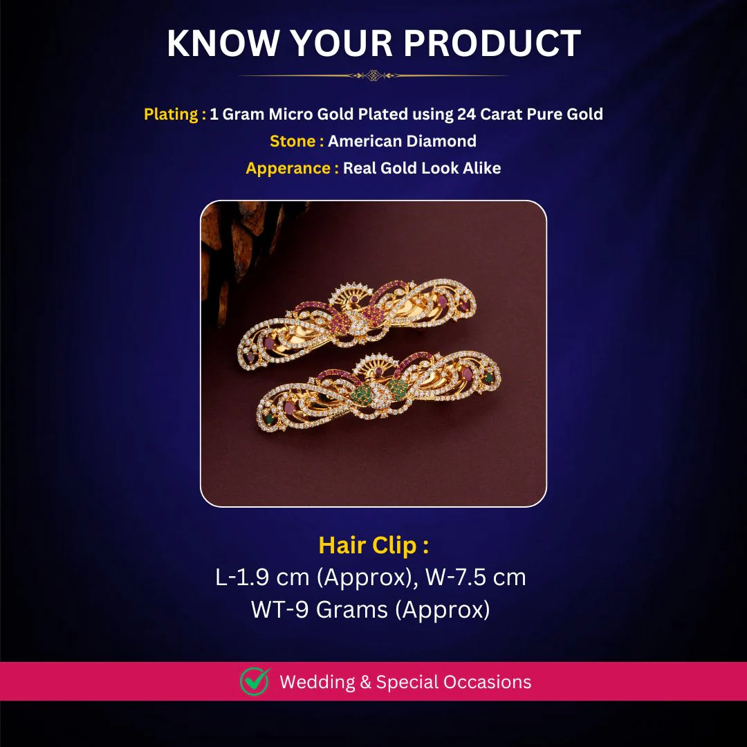 Attractive American Diamond Gold Plated Peacock Design Hair Clip with White Ruby Stones - Sasitrends - Image 7