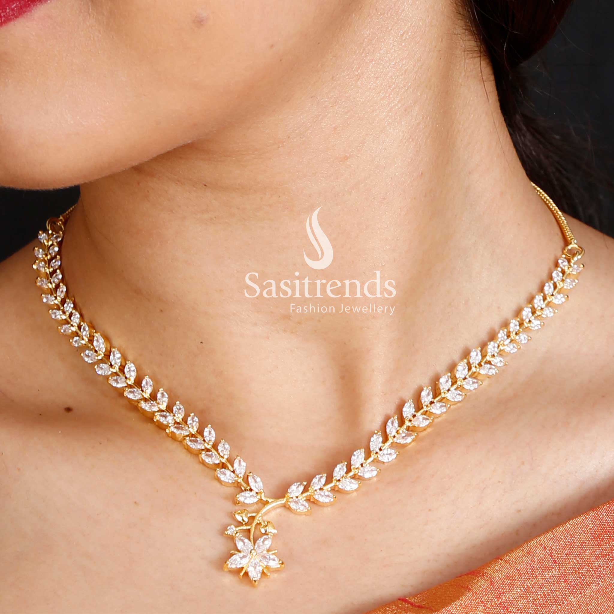 American Diamond Leaf Design Necklace Jewellery Set with Micro Gold Plating For Special Events - Sasitrends - Image 10