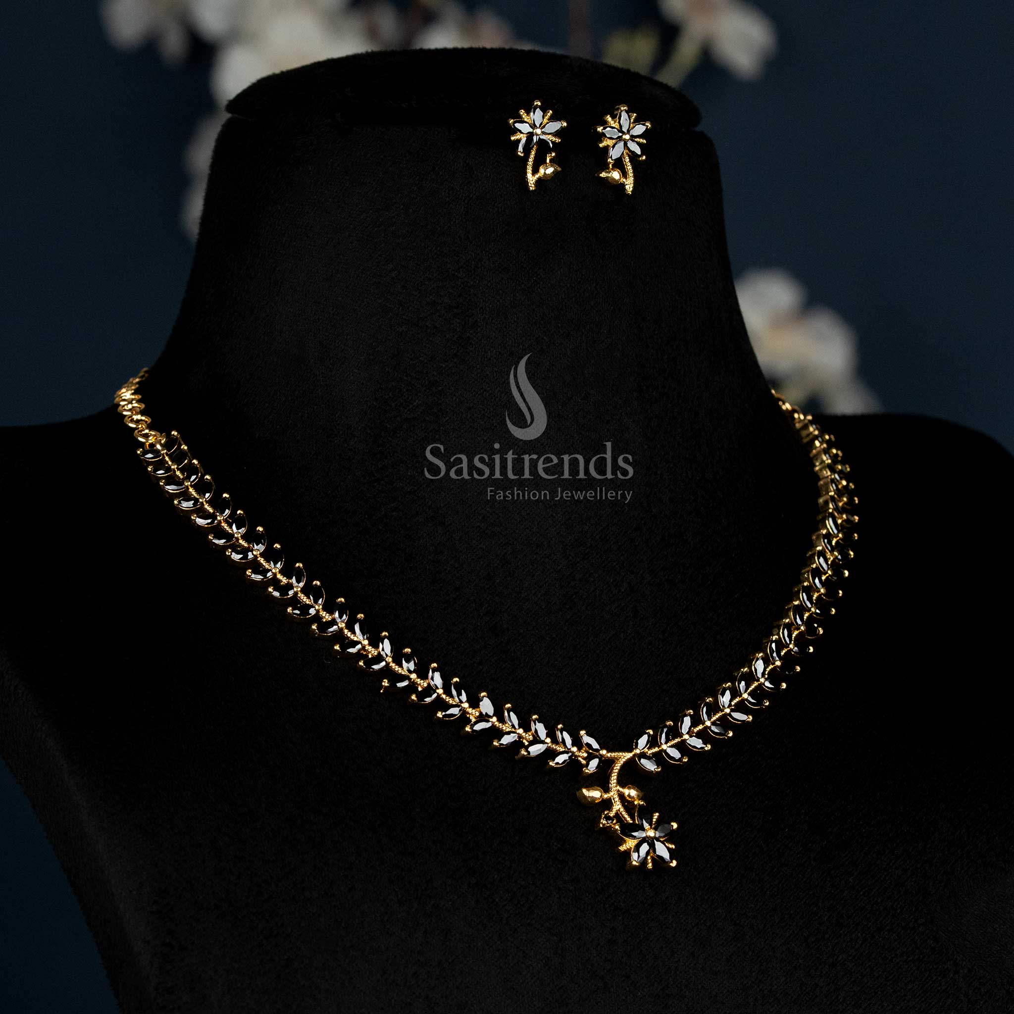 American Diamond Leaf Design Necklace Jewellery Set with Micro Gold Plating For Special Events - Sasitrends - Image 11