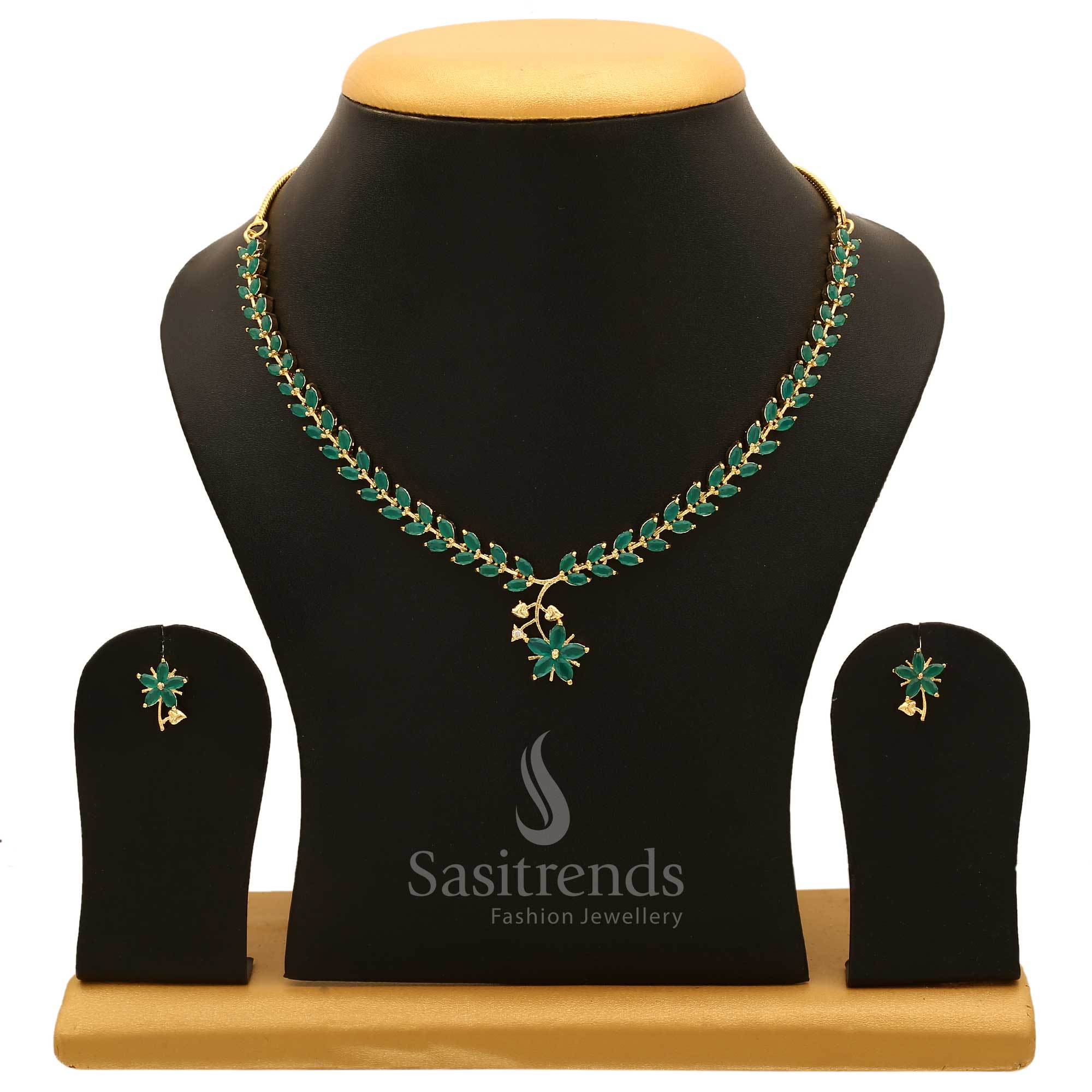 American Diamond Leaf Design Necklace Jewellery Set with Micro Gold Plating For Special Events - Sasitrends - Image 13