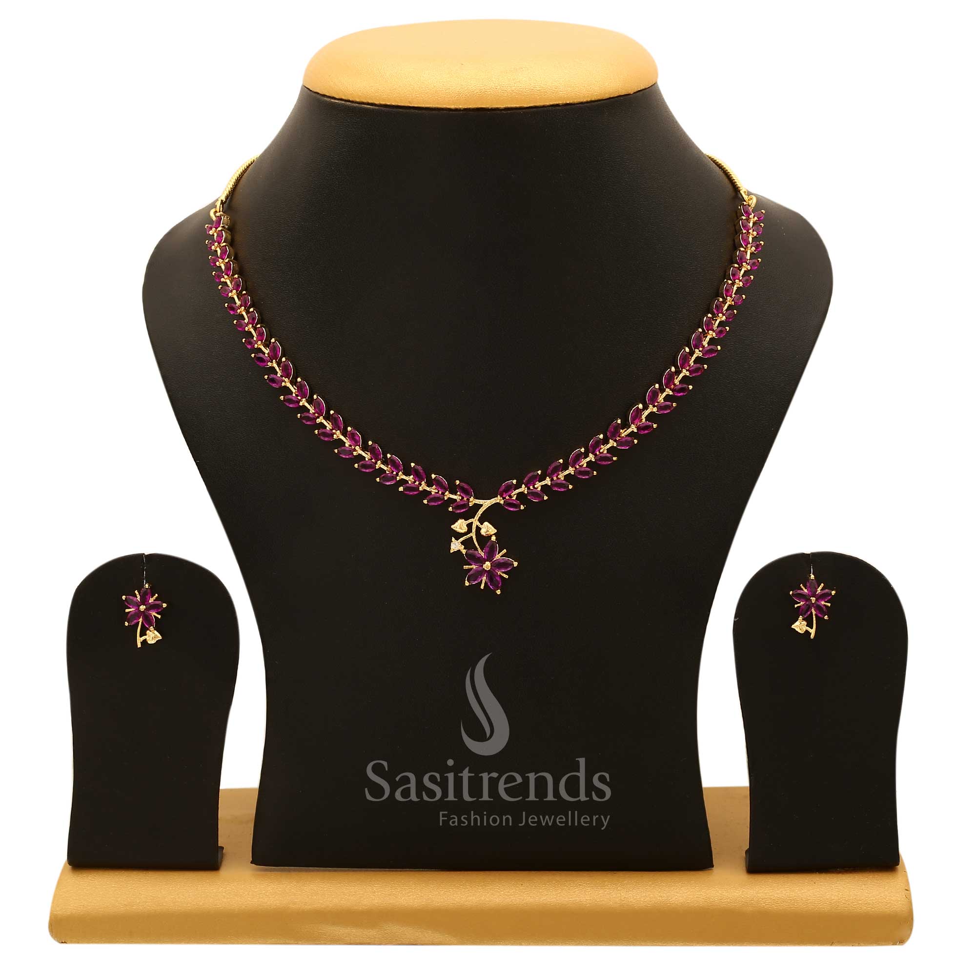 American Diamond Leaf Design Necklace Jewellery Set with Micro Gold Plating For Special Events - Sasitrends - Image 14