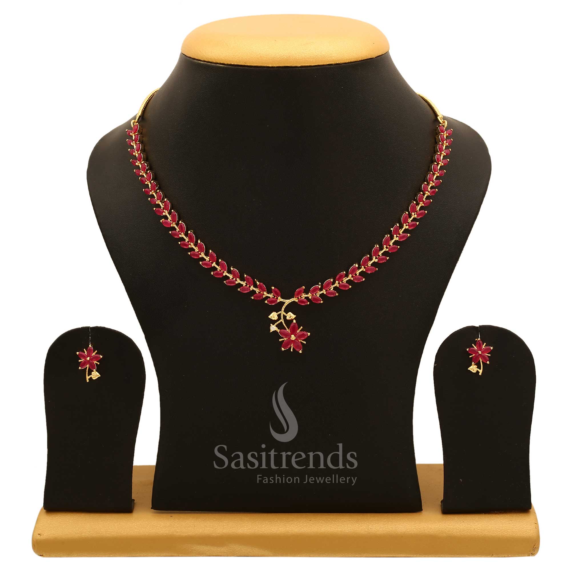 American Diamond Leaf Design Necklace Jewellery Set with Micro Gold Plating For Special Events - Sasitrends - Image 15