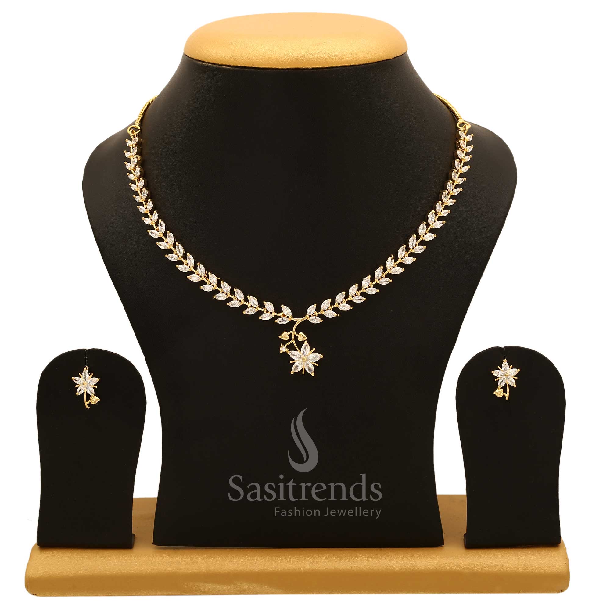 American Diamond Leaf Design Necklace Jewellery Set with Micro Gold Plating For Special Events - Sasitrends - Image 16