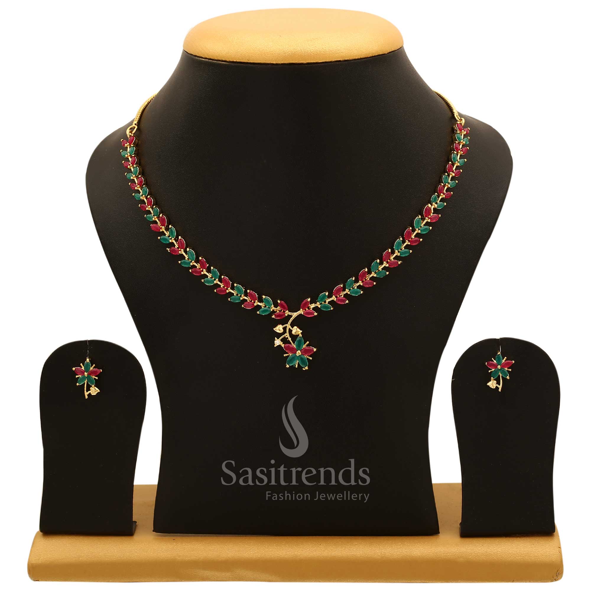 American Diamond Leaf Design Necklace Jewellery Set with Micro Gold Plating For Special Events - Sasitrends - Image 17