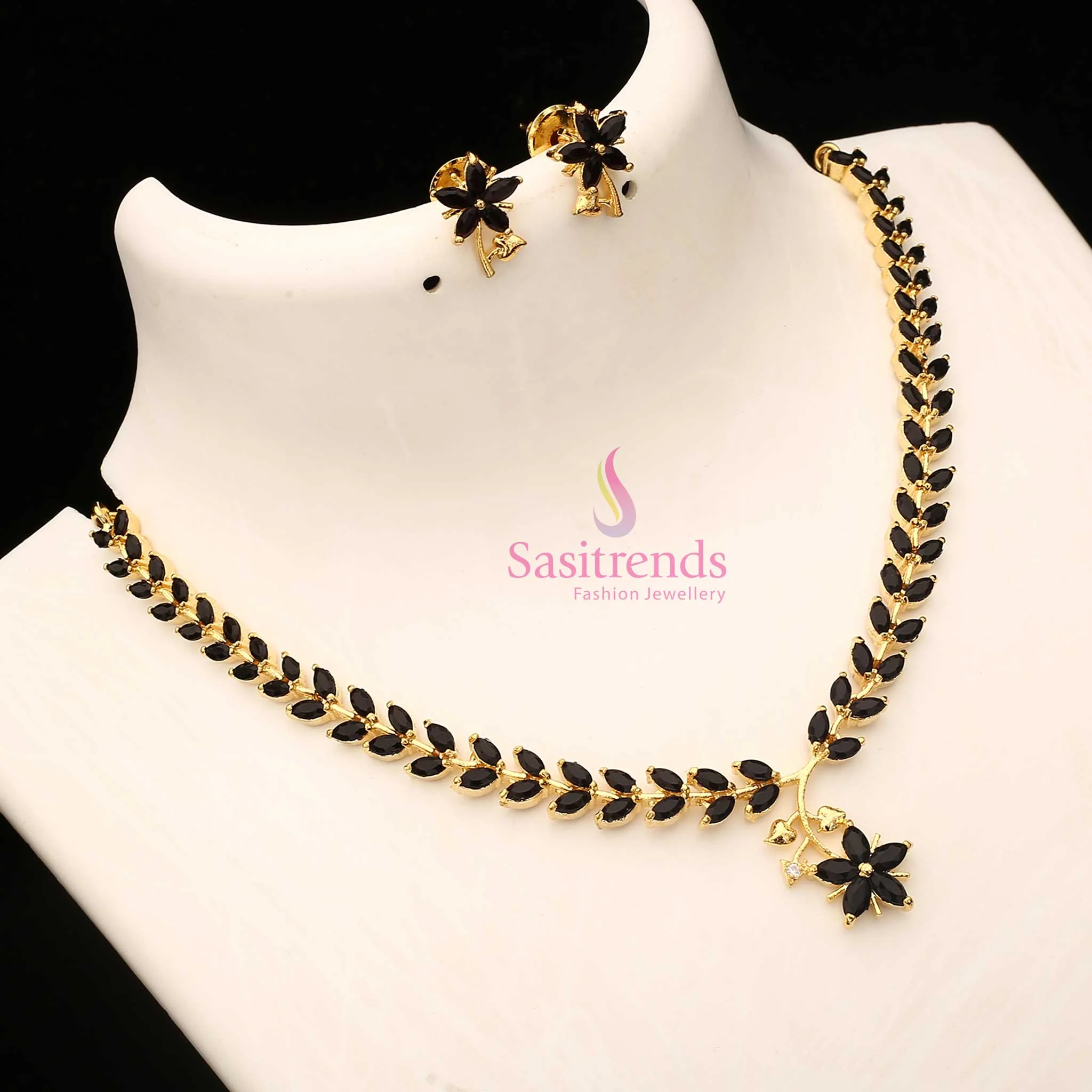 American Diamond Leaf Design Necklace Jewellery Set with Micro Gold Plating For Special Events - Sasitrends - Image 21