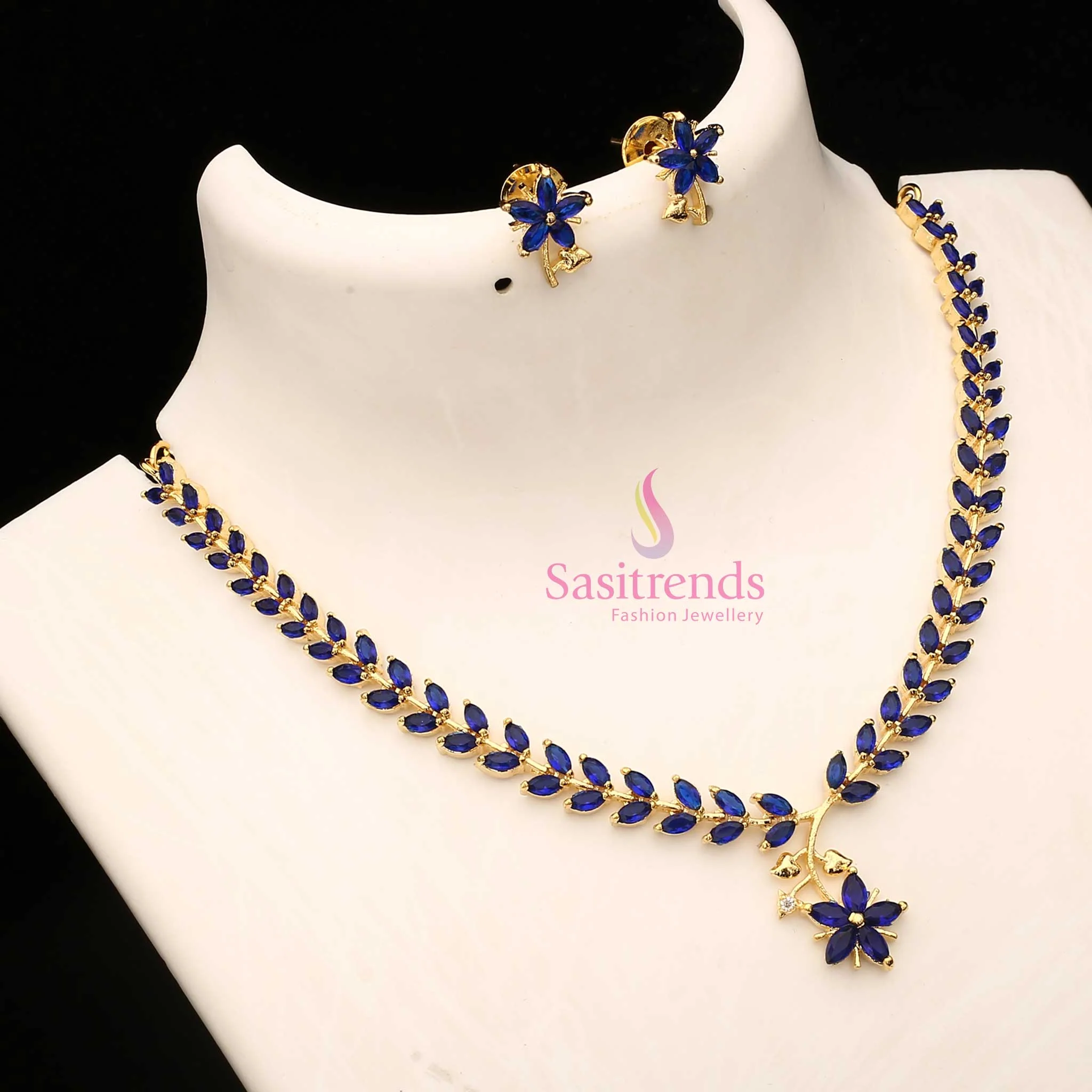 American Diamond Leaf Design Necklace Jewellery Set with Micro Gold Plating For Special Events - Sasitrends - Image 22