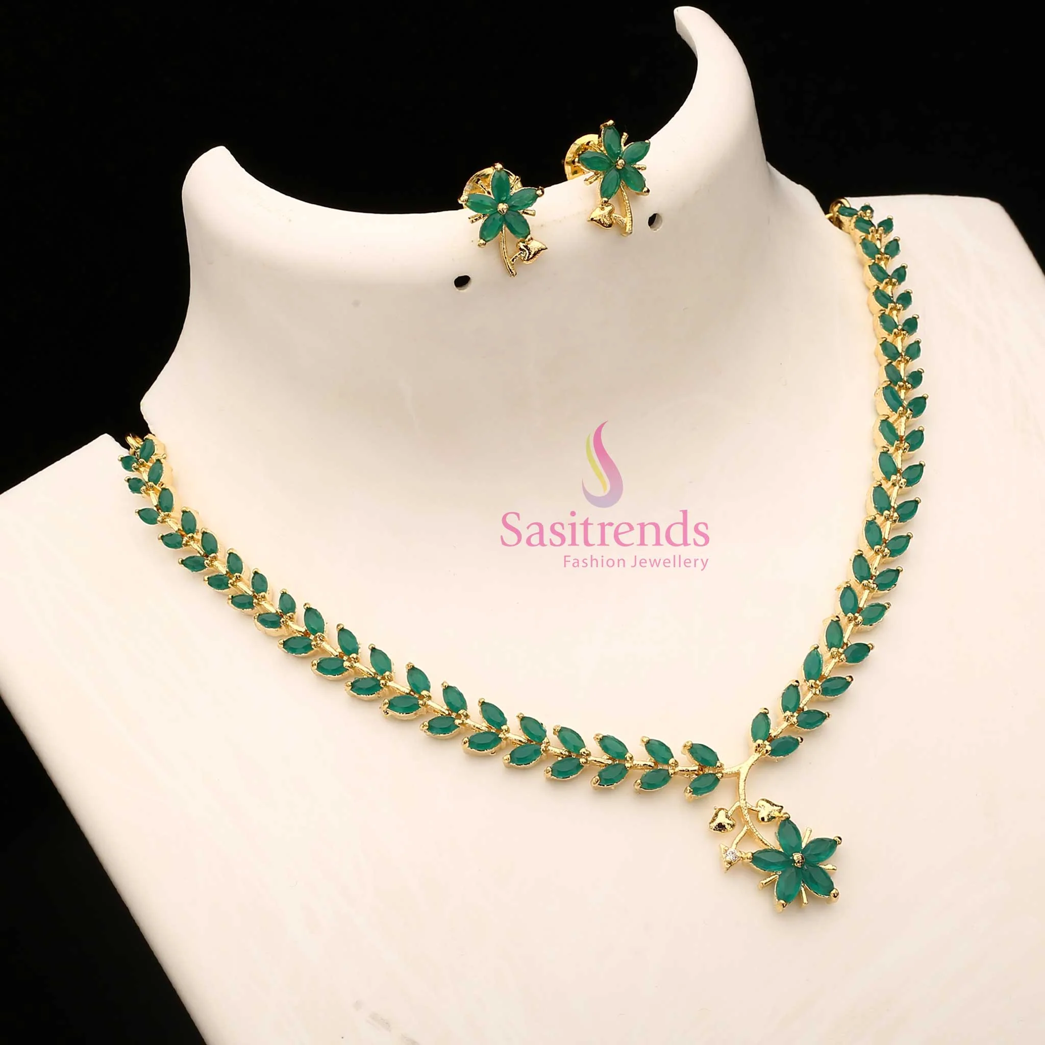 American Diamond Leaf Design Necklace Jewellery Set with Micro Gold Plating For Special Events - Sasitrends - Image 23