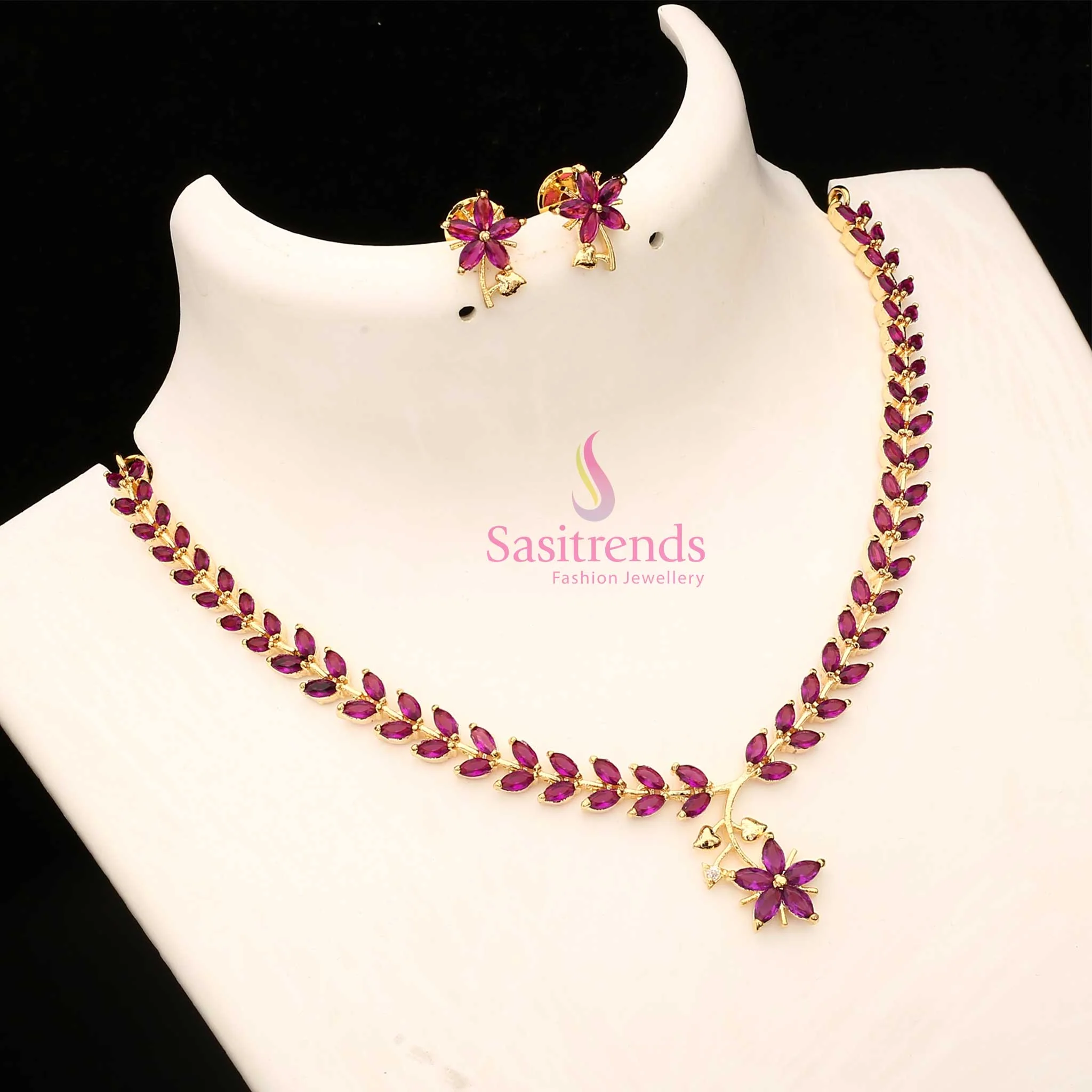 American Diamond Leaf Design Necklace Jewellery Set with Micro Gold Plating For Special Events - Sasitrends - Image 24