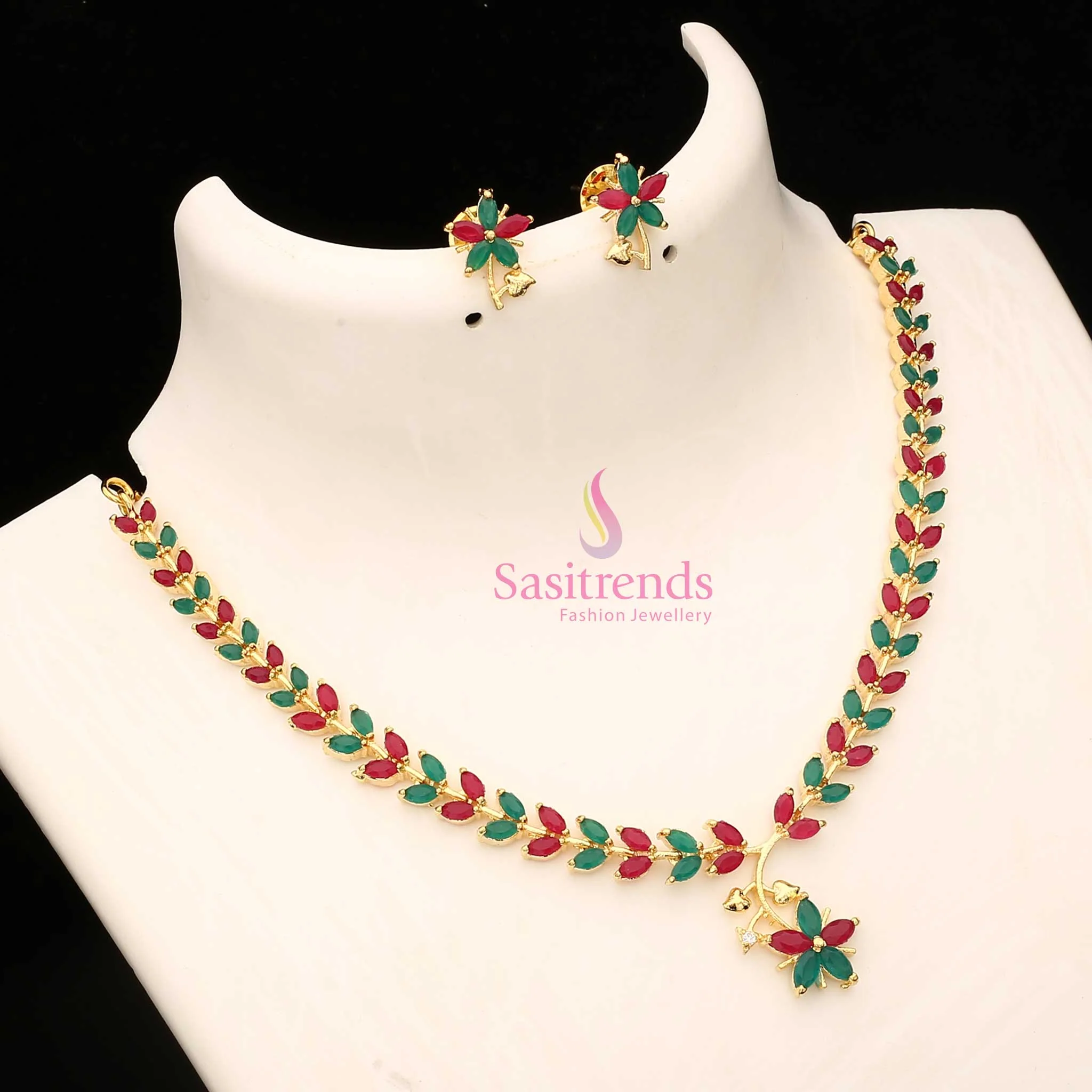 American Diamond Leaf Design Necklace Jewellery Set with Micro Gold Plating For Special Events - Sasitrends - Image 25