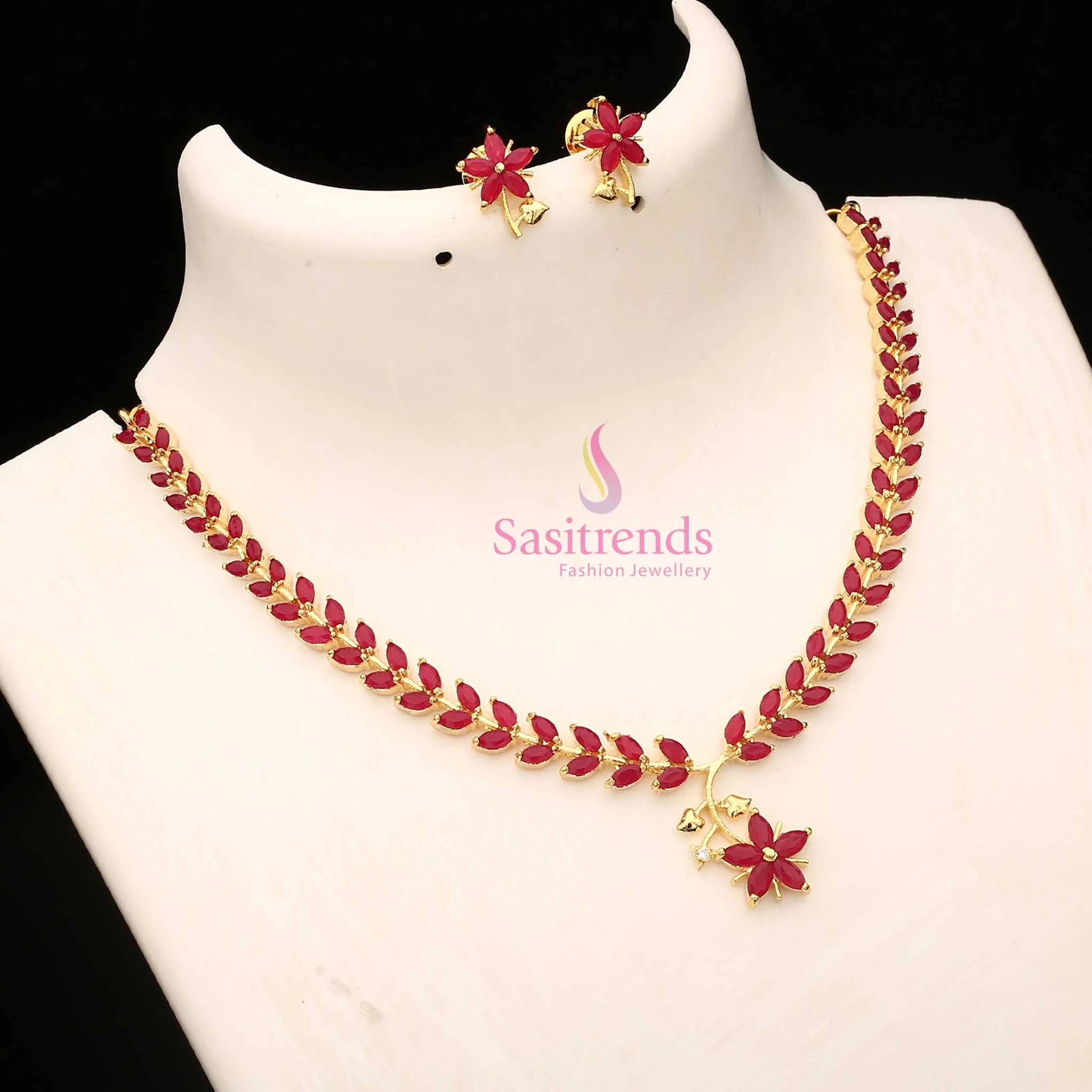 American Diamond Leaf Design Necklace Jewellery Set with Micro Gold Plating For Special Events - Sasitrends - Image 26