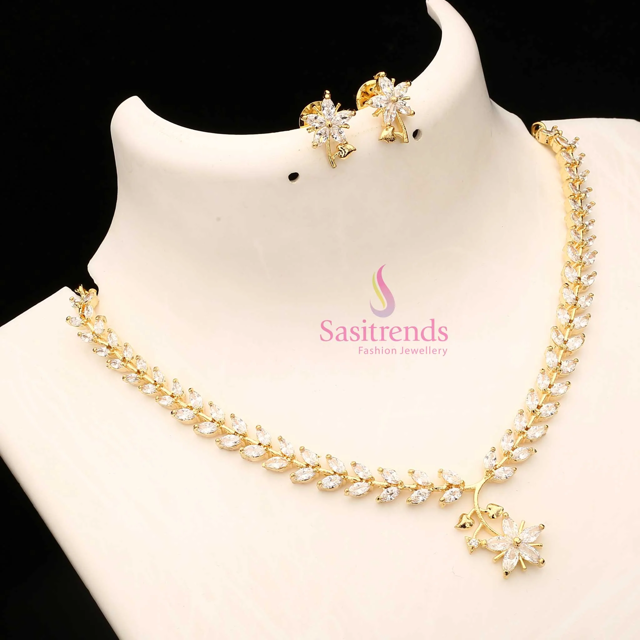 American Diamond Leaf Design Necklace Jewellery Set with Micro Gold Plating For Special Events - Sasitrends - Image 27