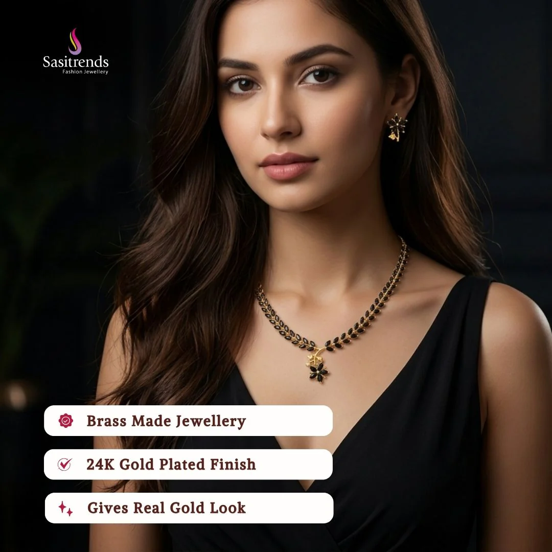American Diamond Leaf Design Necklace Jewellery Set with Micro Gold Plating For Special Events - Sasitrends - Image 3