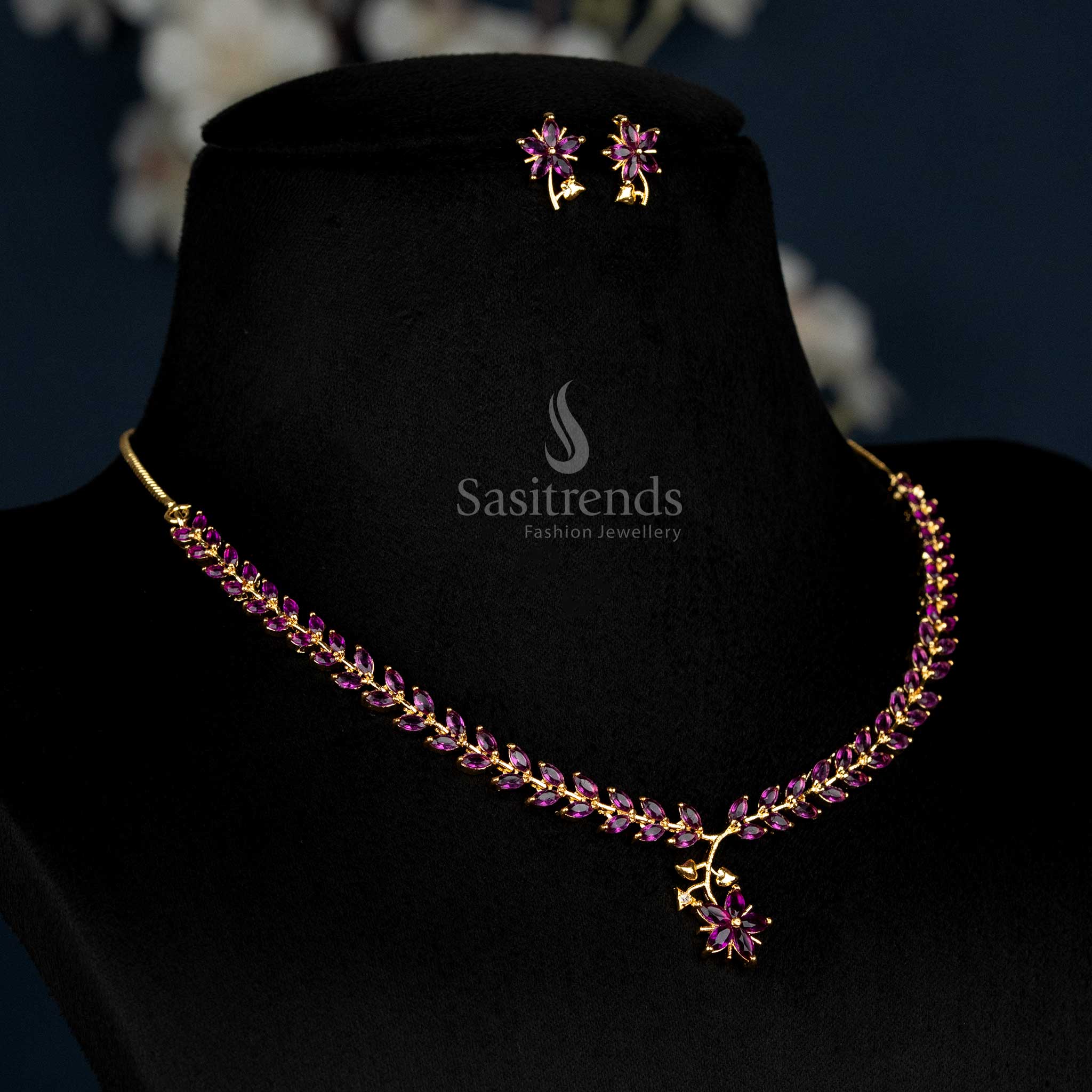 American Diamond Leaf Design Necklace Jewellery Set with Micro Gold Plating For Special Events - Sasitrends - Image 4