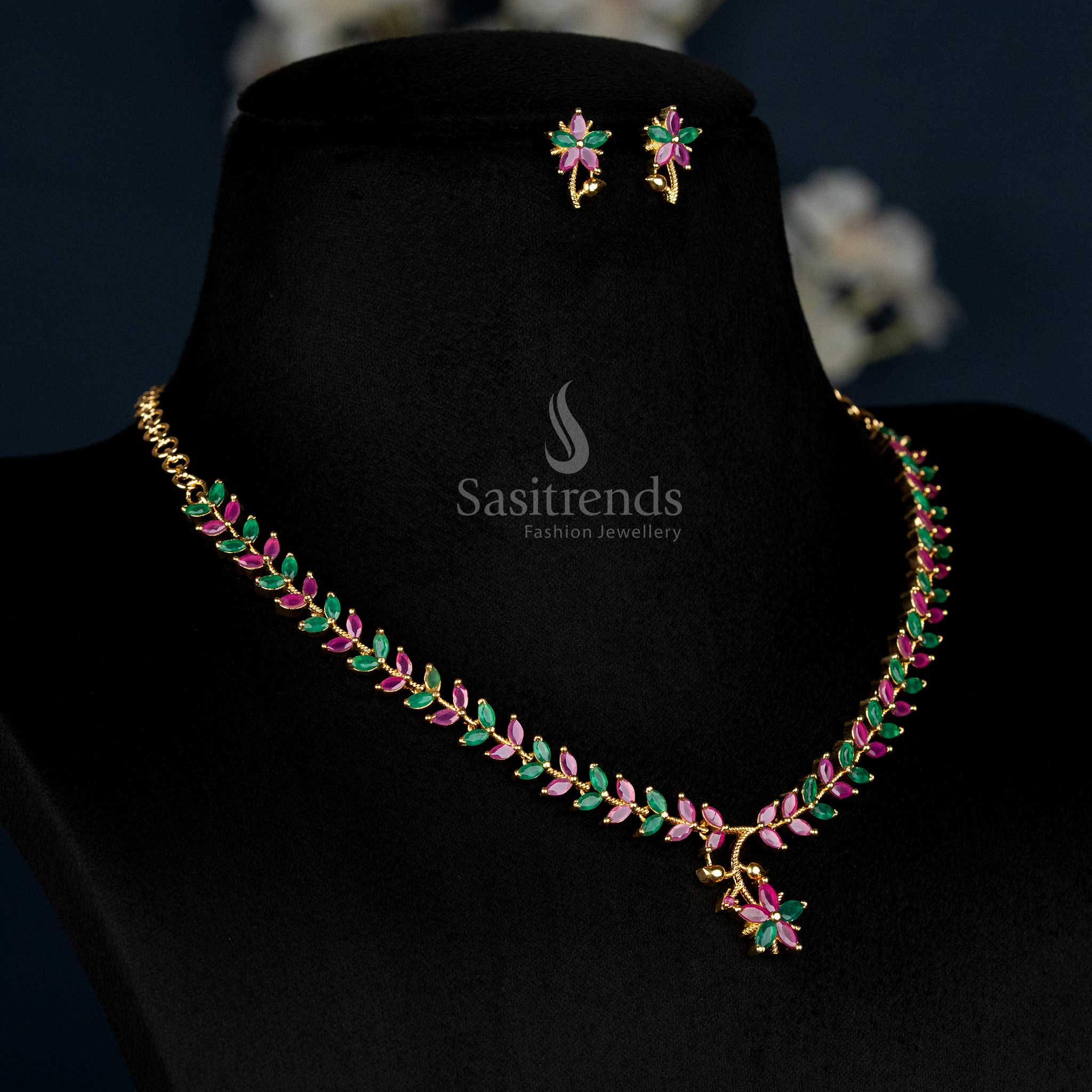 American Diamond Leaf Design Necklace Jewellery Set with Micro Gold Plating For Special Events - Sasitrends - Image 5