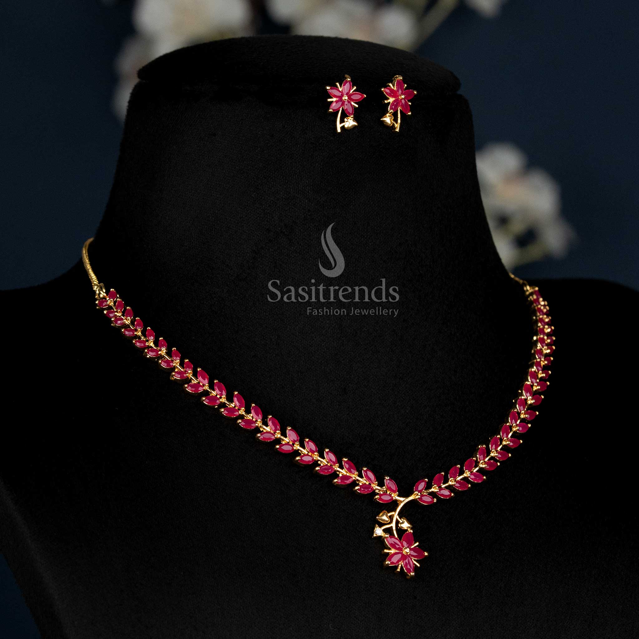 American Diamond Leaf Design Necklace Jewellery Set with Micro Gold Plating For Special Events - Sasitrends - Image 7