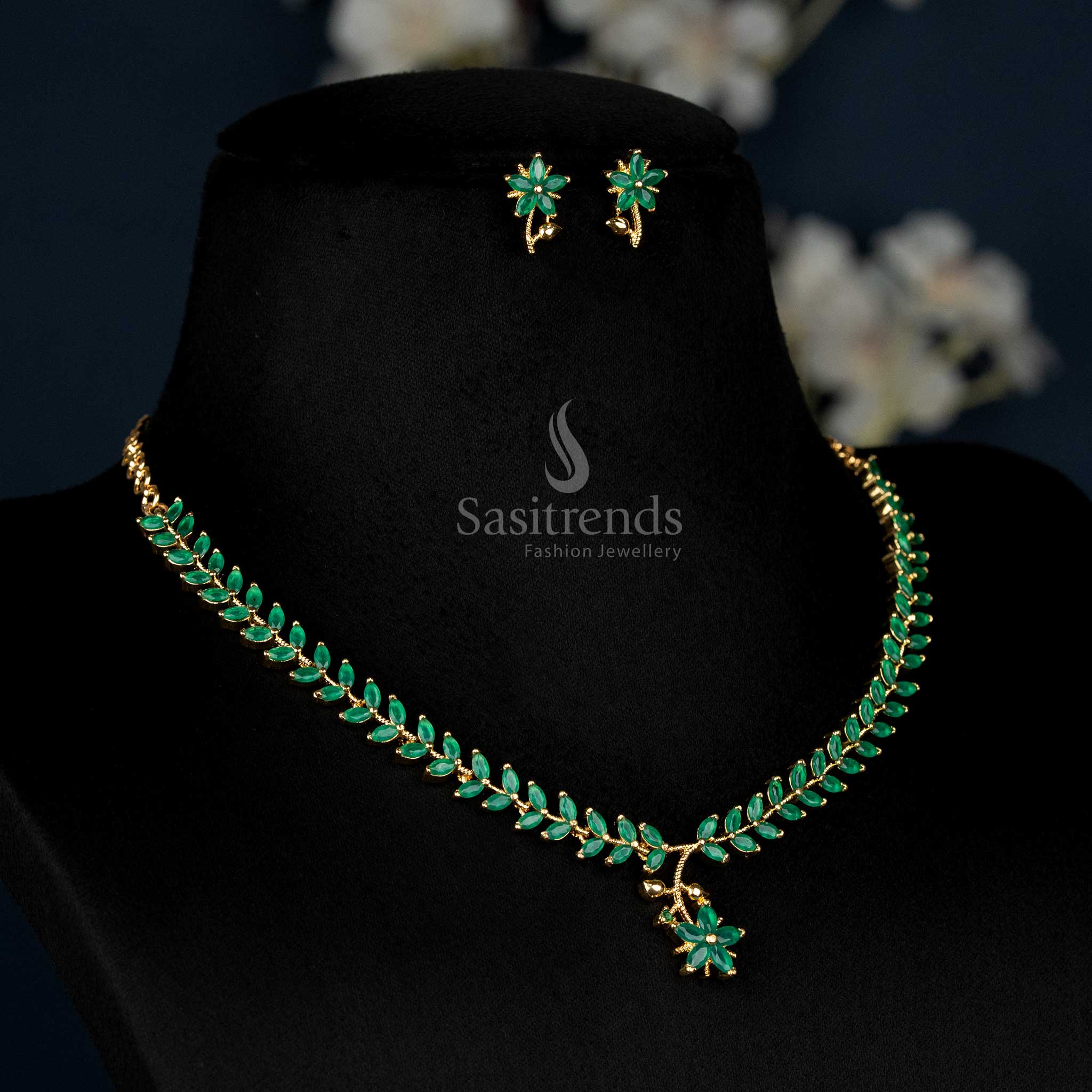 American Diamond Leaf Design Necklace Jewellery Set with Micro Gold Plating For Special Events - Sasitrends - Image 8