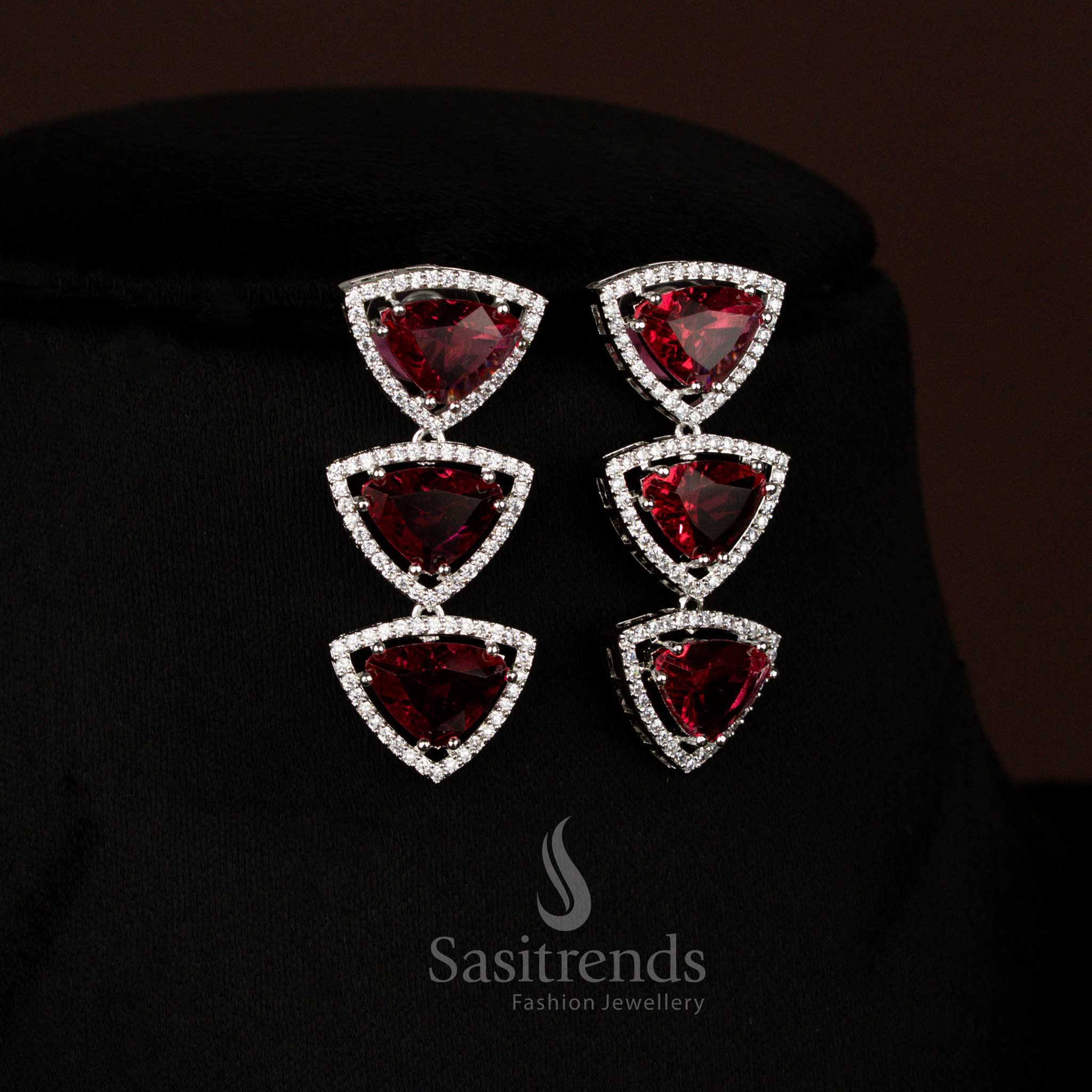 Elegant American Diamond Rhodium Silver Plated Triangular Shaped Necklace Jewellery Set – Wedding & Party Wear - Image 10