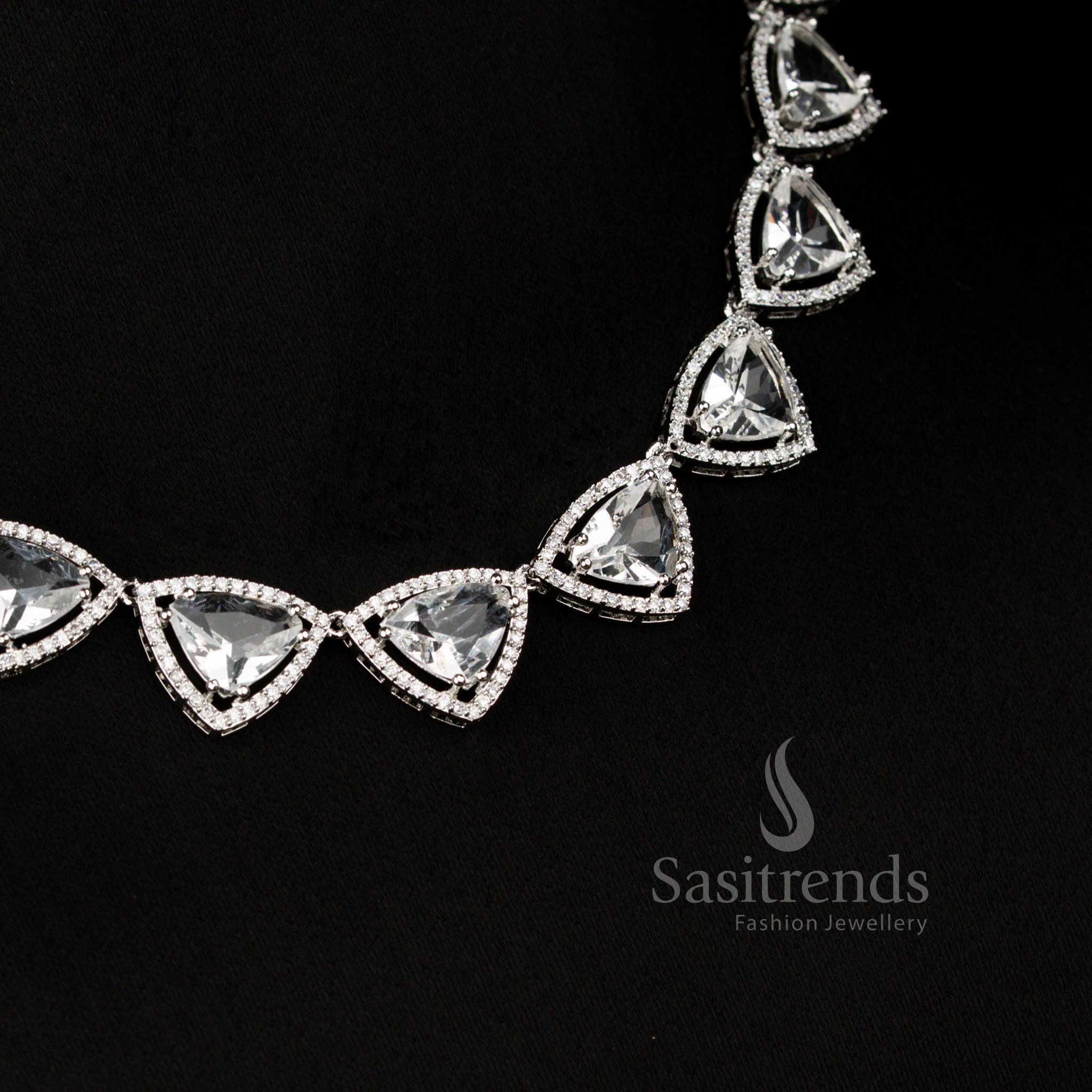 Elegant American Diamond Rhodium Silver Plated Triangular Shaped Necklace Jewellery Set – Wedding & Party Wear - Image 11