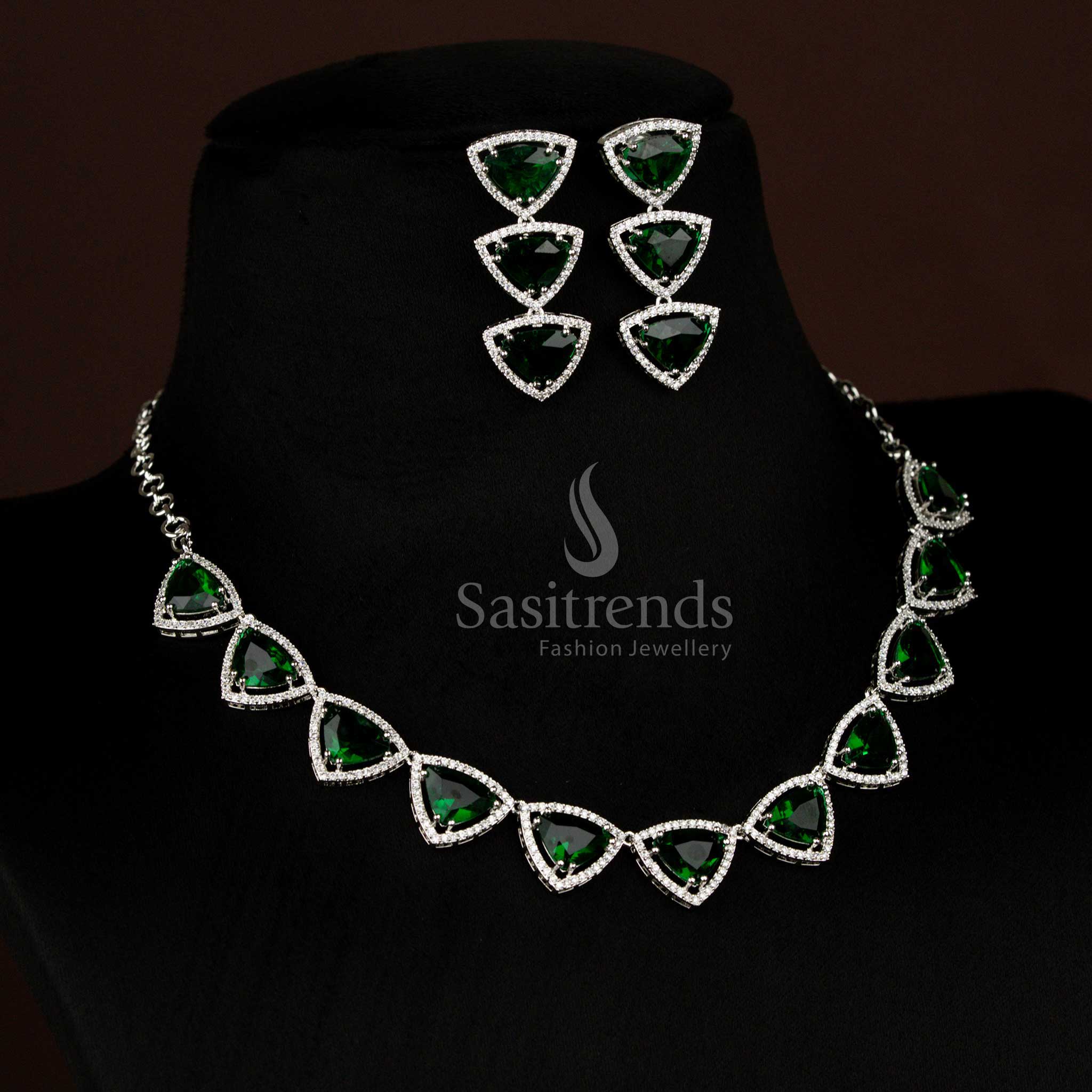 Elegant American Diamond Rhodium Silver Plated Triangular Shaped Necklace Jewellery Set – Wedding & Party Wear - Image 4