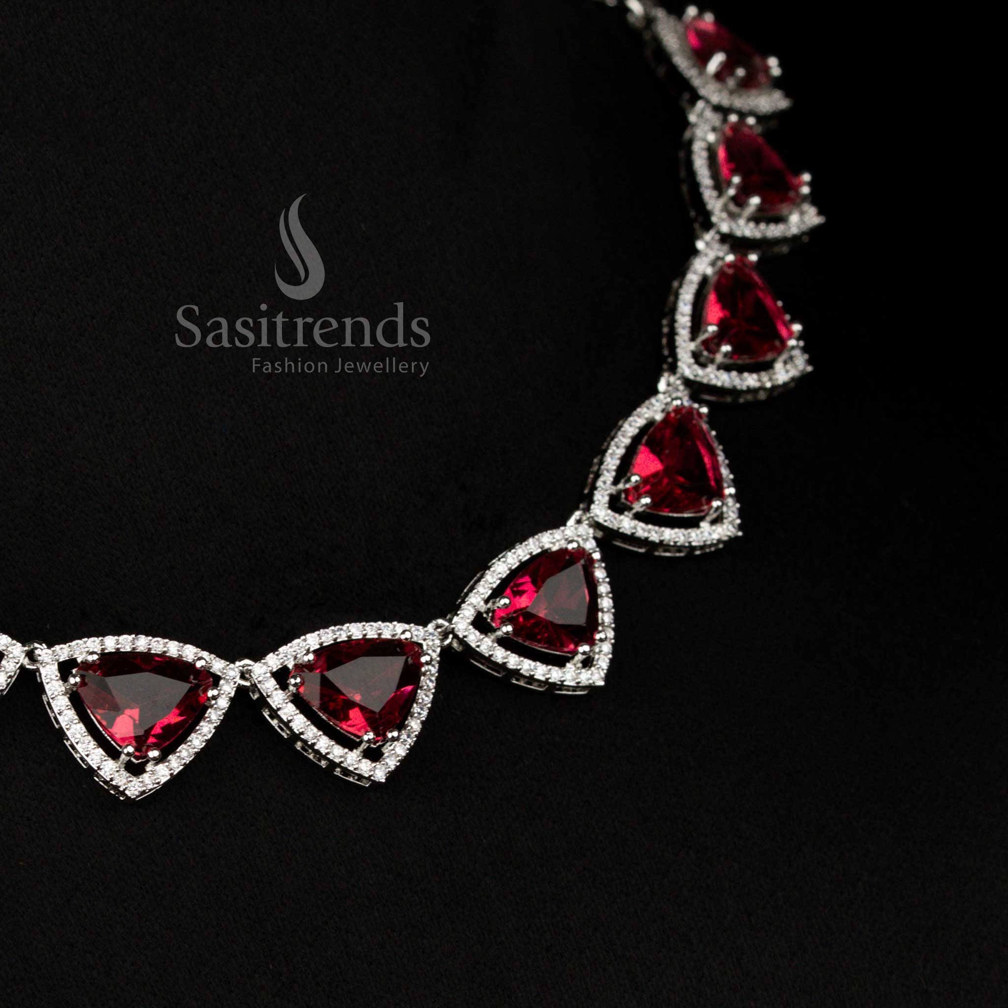 Elegant American Diamond Rhodium Silver Plated Triangular Shaped Necklace Jewellery Set – Wedding & Party Wear - Image 9