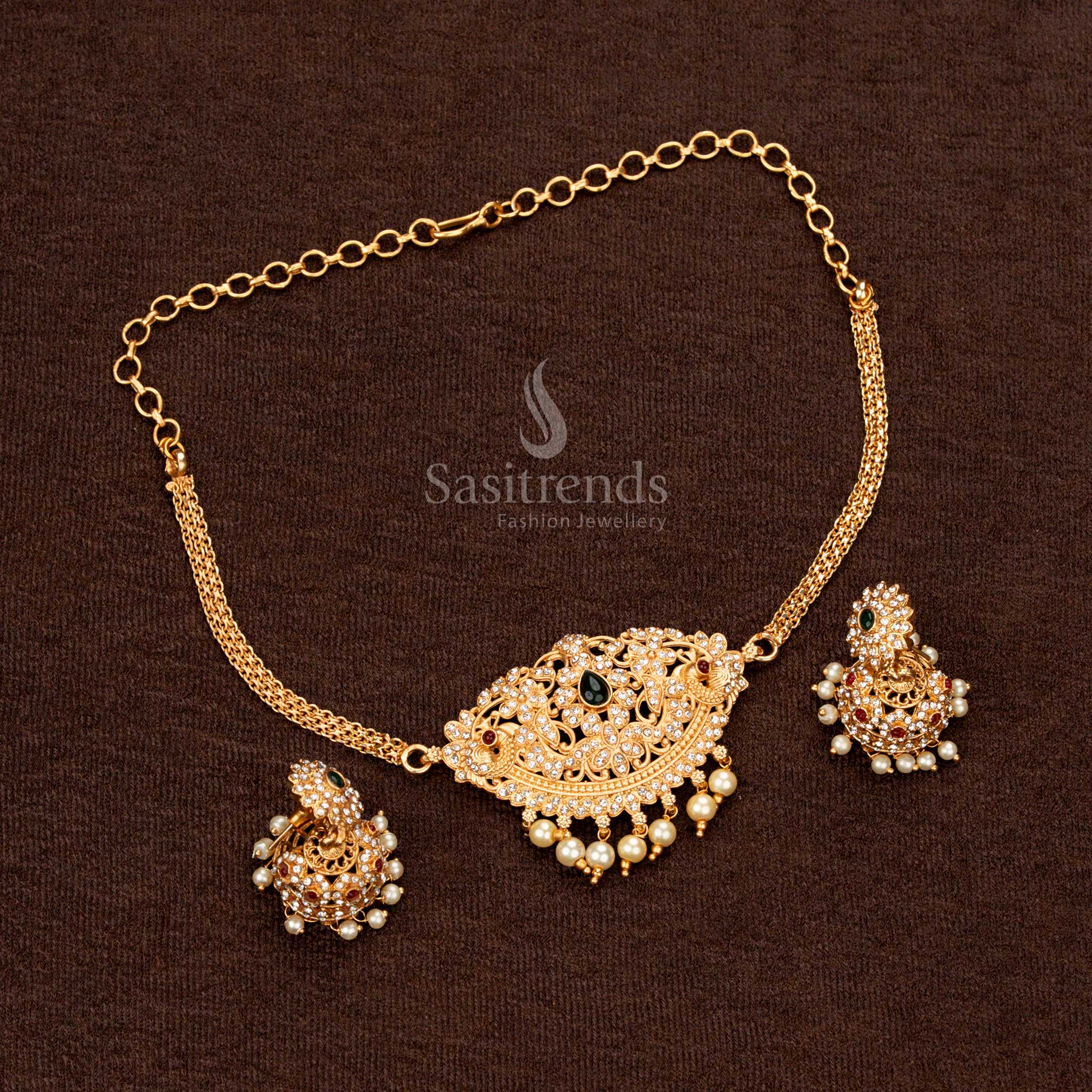 Classic Matte Gold-Plated Temple Choker Necklace Jewellery Set with Pearl Hangings & Intricate Stone Embellishments - Sasitrends