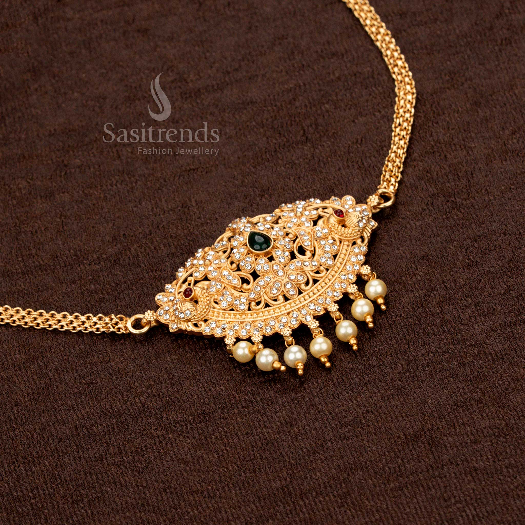 Classic Matte Gold-Plated Temple Choker Necklace Jewellery Set with Pearl Hangings & Intricate Stone Embellishments - Sasitrends - Image 2