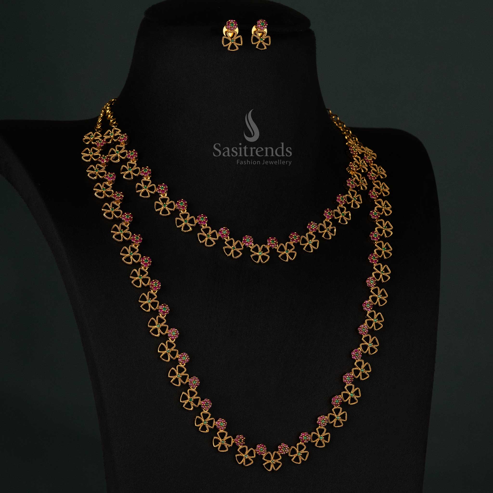 Wonderful Floral Clover Design Matte Gold Plated Long & Short Necklace Jewellery Set with Intricate AD Stone Detailing - Sasitrends - Image 4